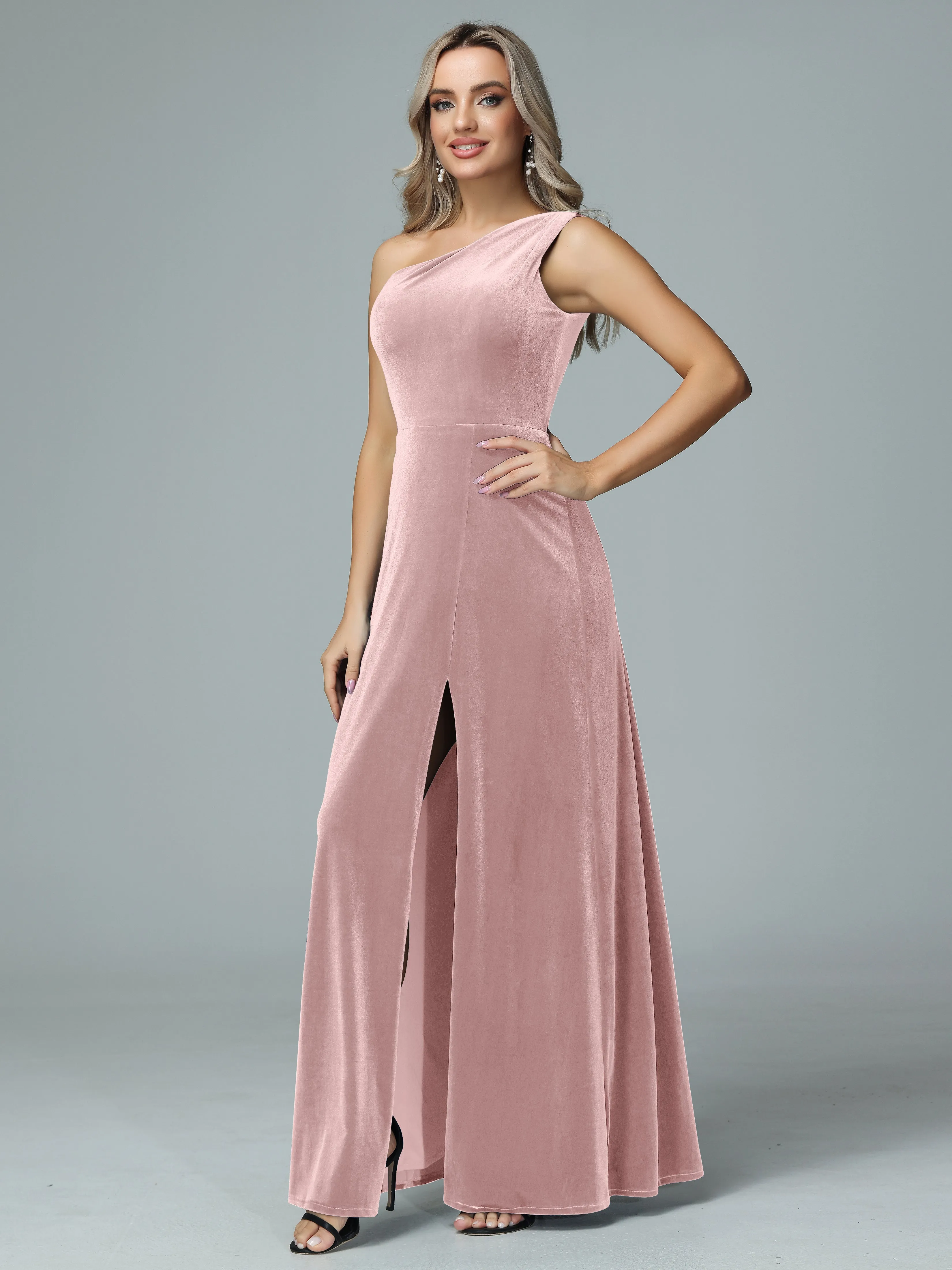 One Shoulder Velvet Bridesmaid Dresses with Slit