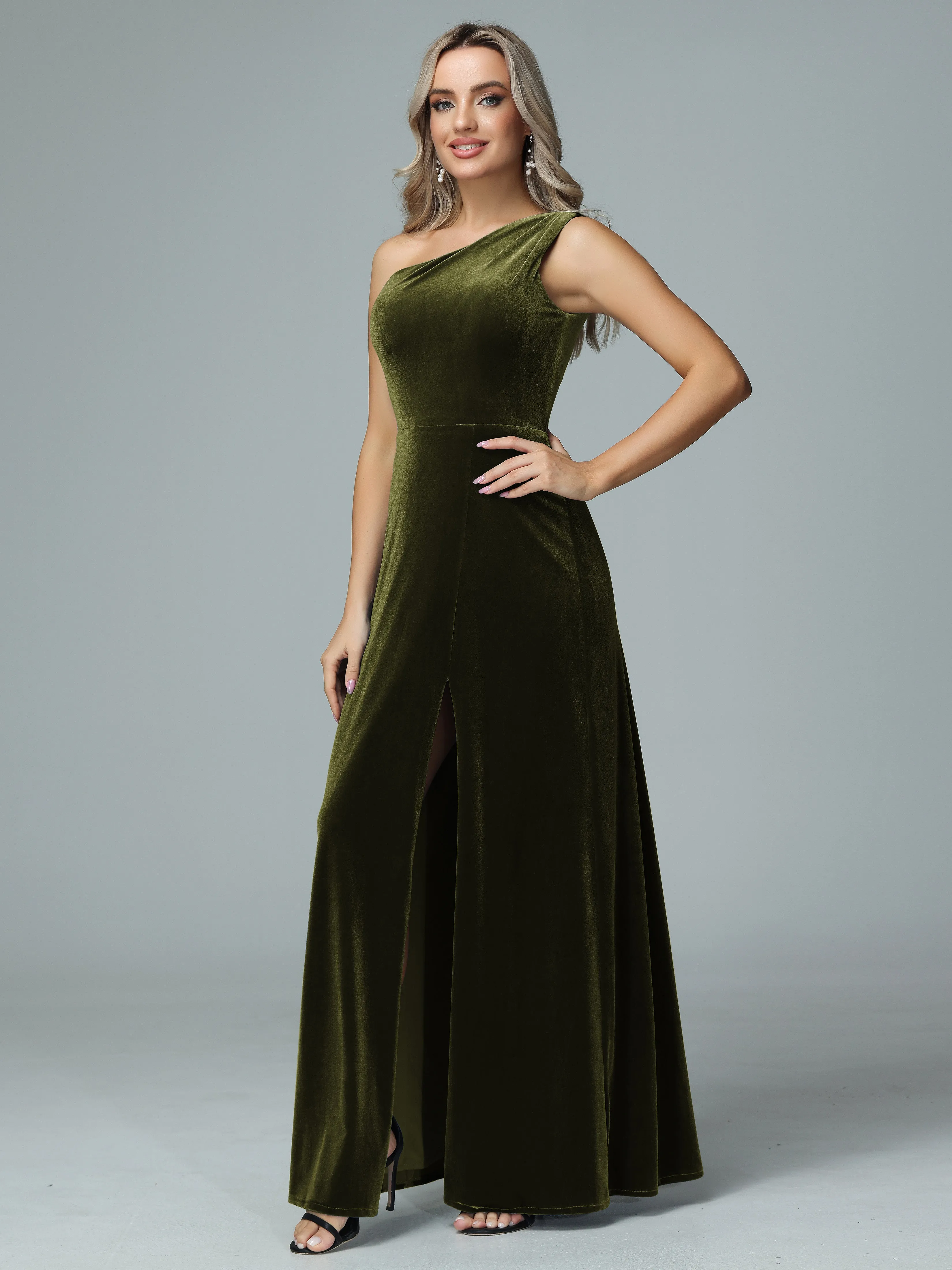 One Shoulder Velvet Bridesmaid Dresses with Slit