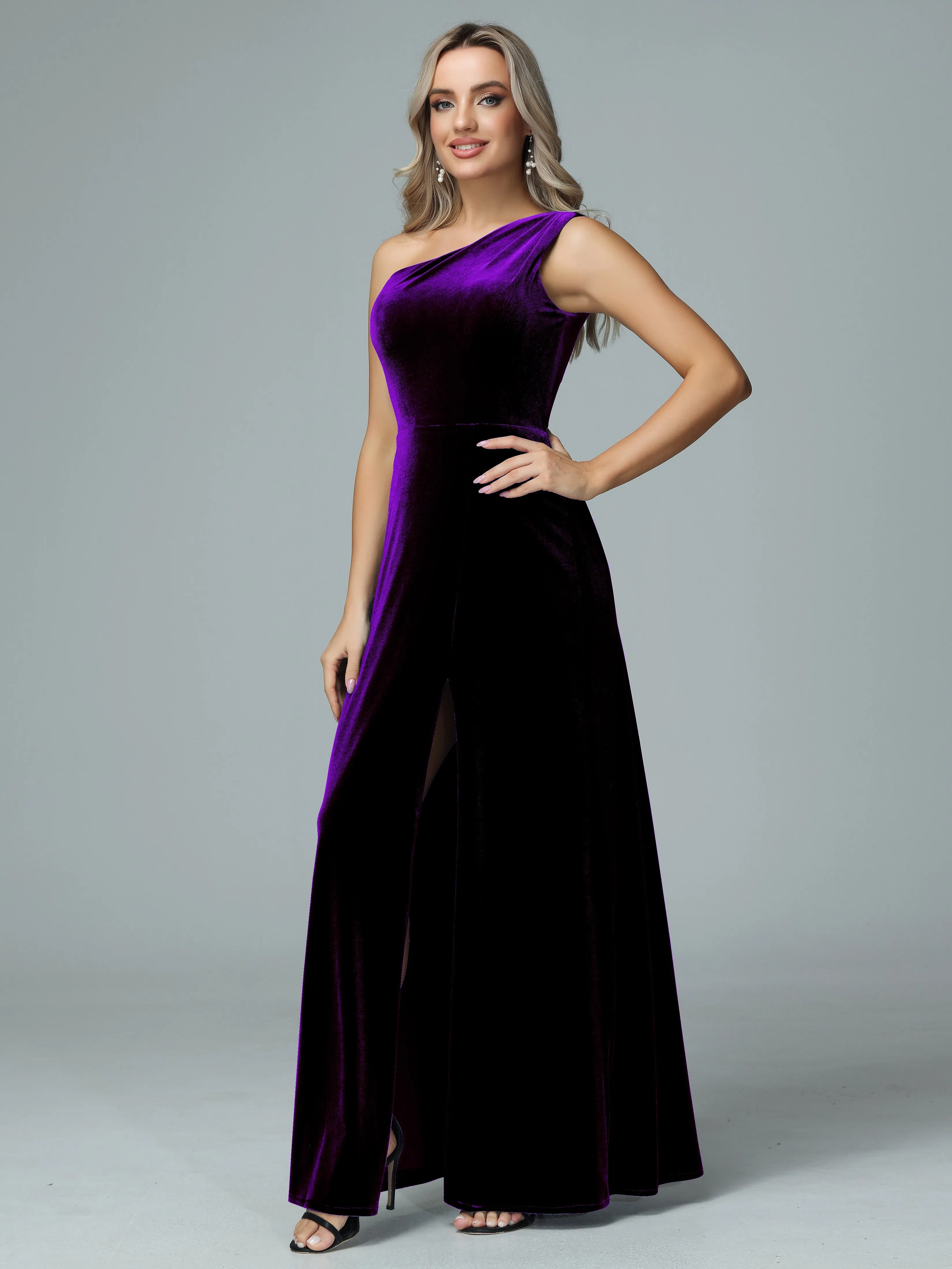 One Shoulder Velvet Bridesmaid Dresses with Slit