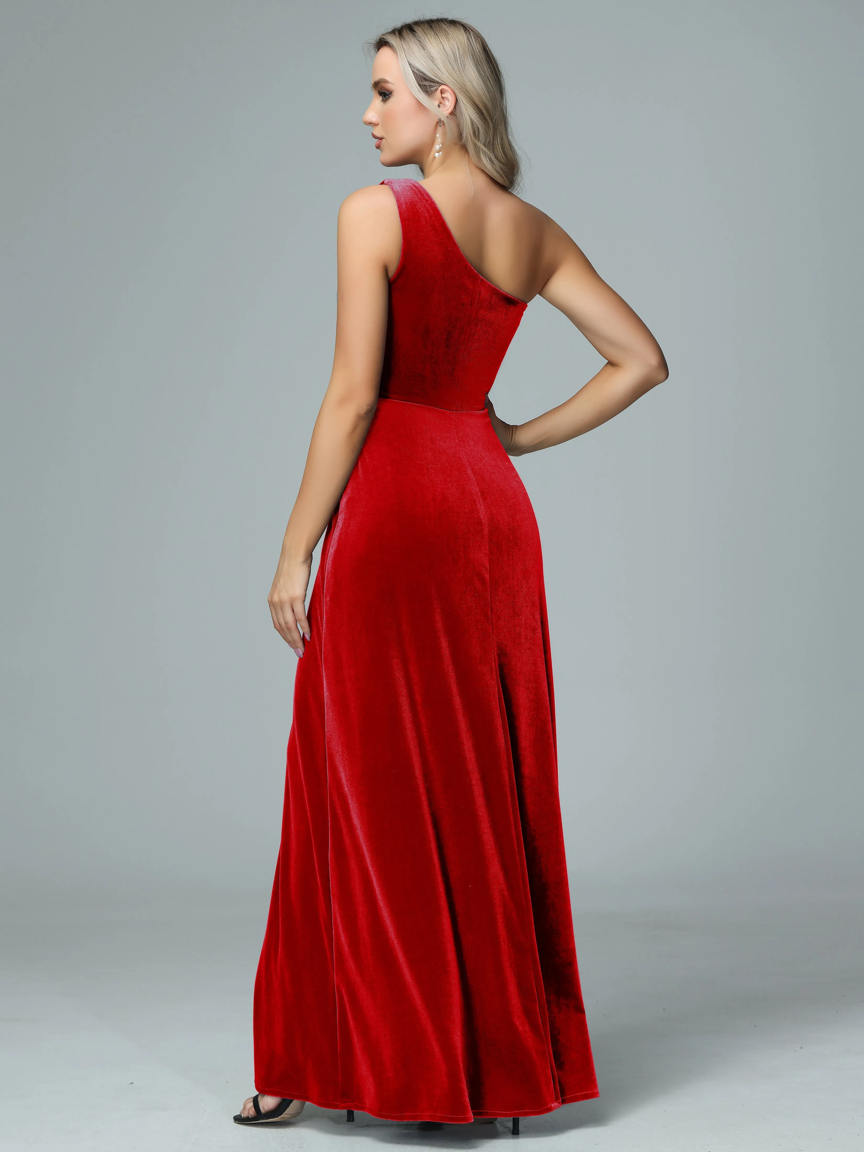 One Shoulder Velvet Bridesmaid Dresses with Slit