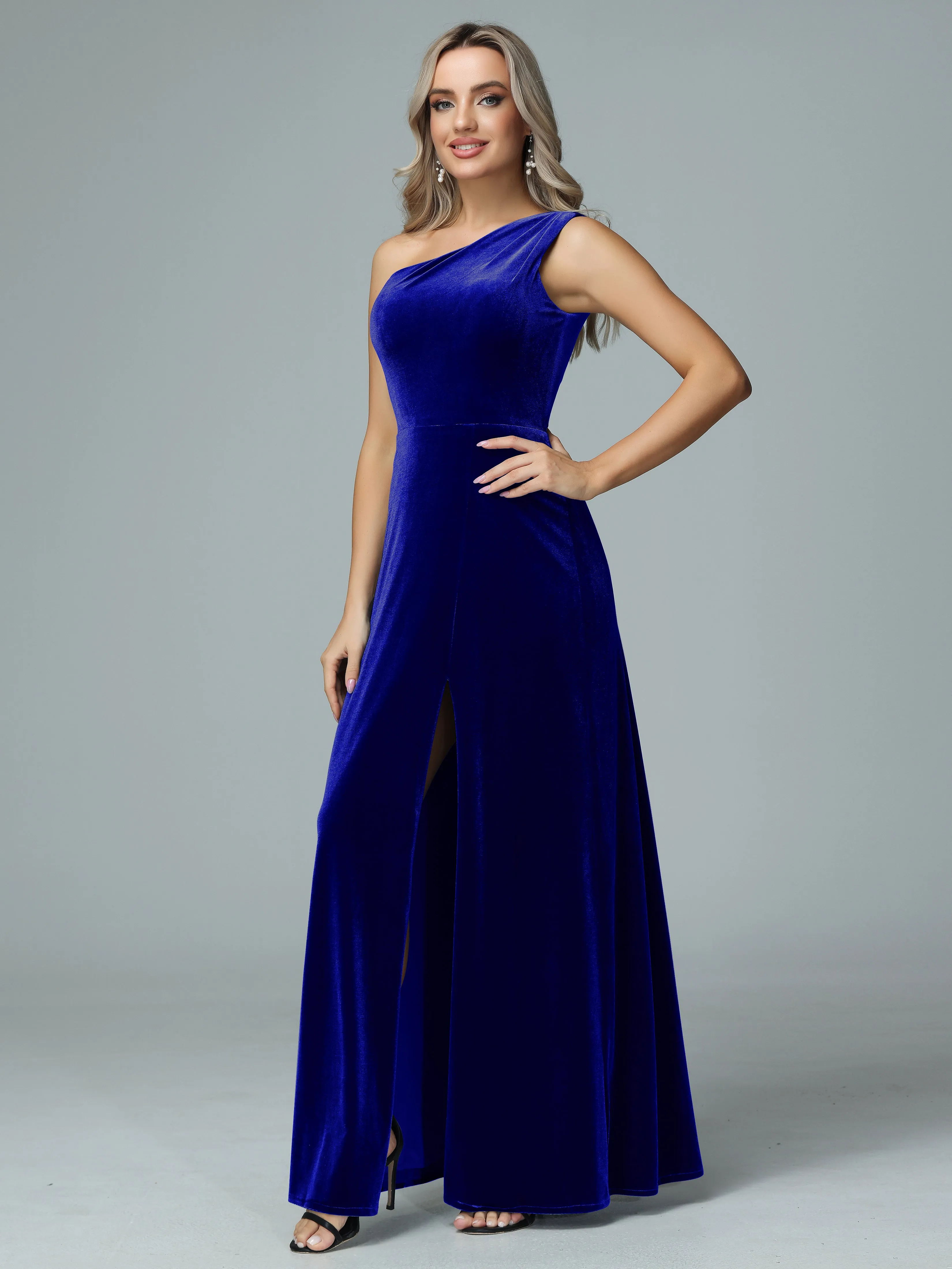 One Shoulder Velvet Bridesmaid Dresses with Slit