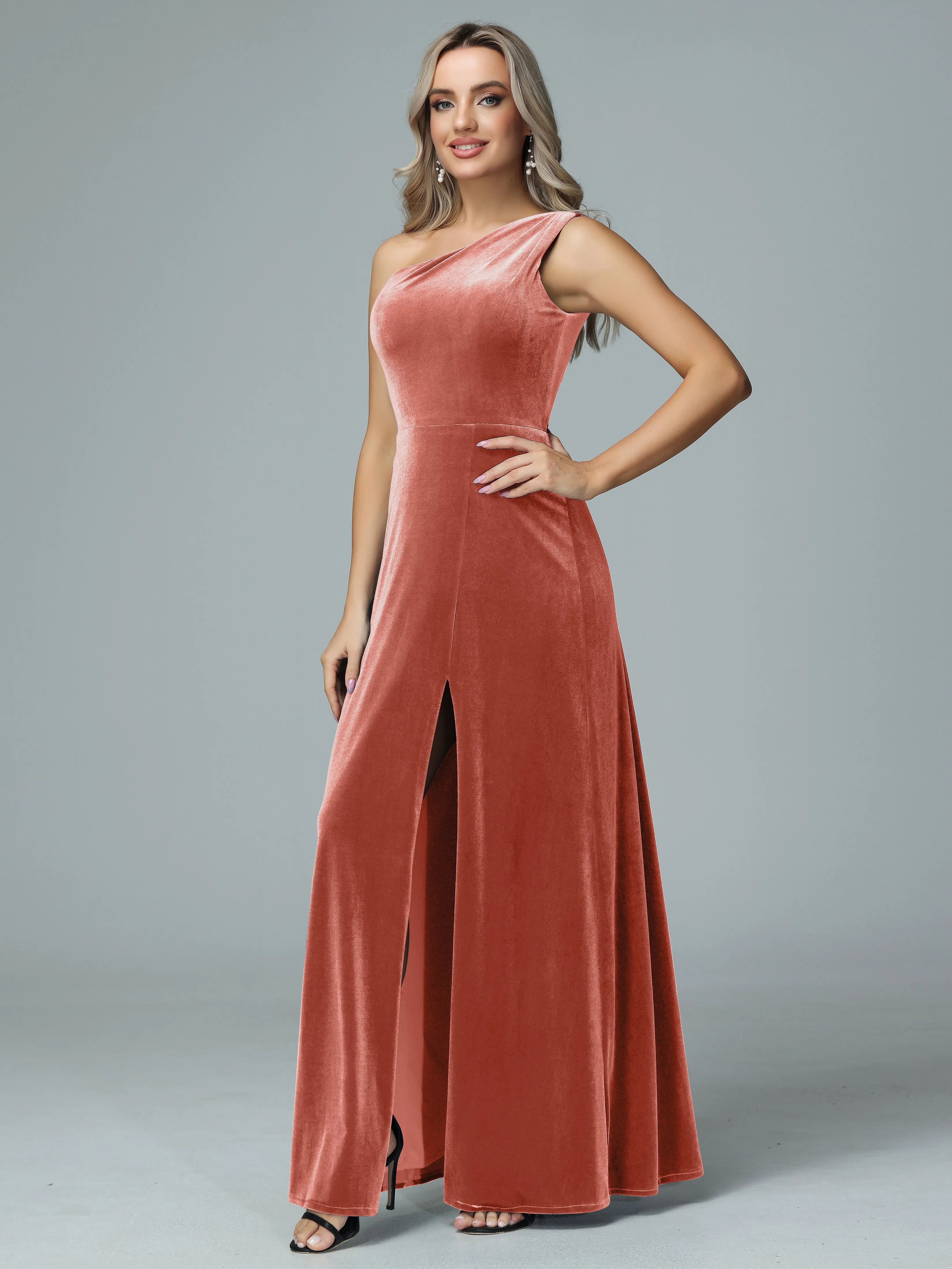 One Shoulder Velvet Bridesmaid Dresses with Slit