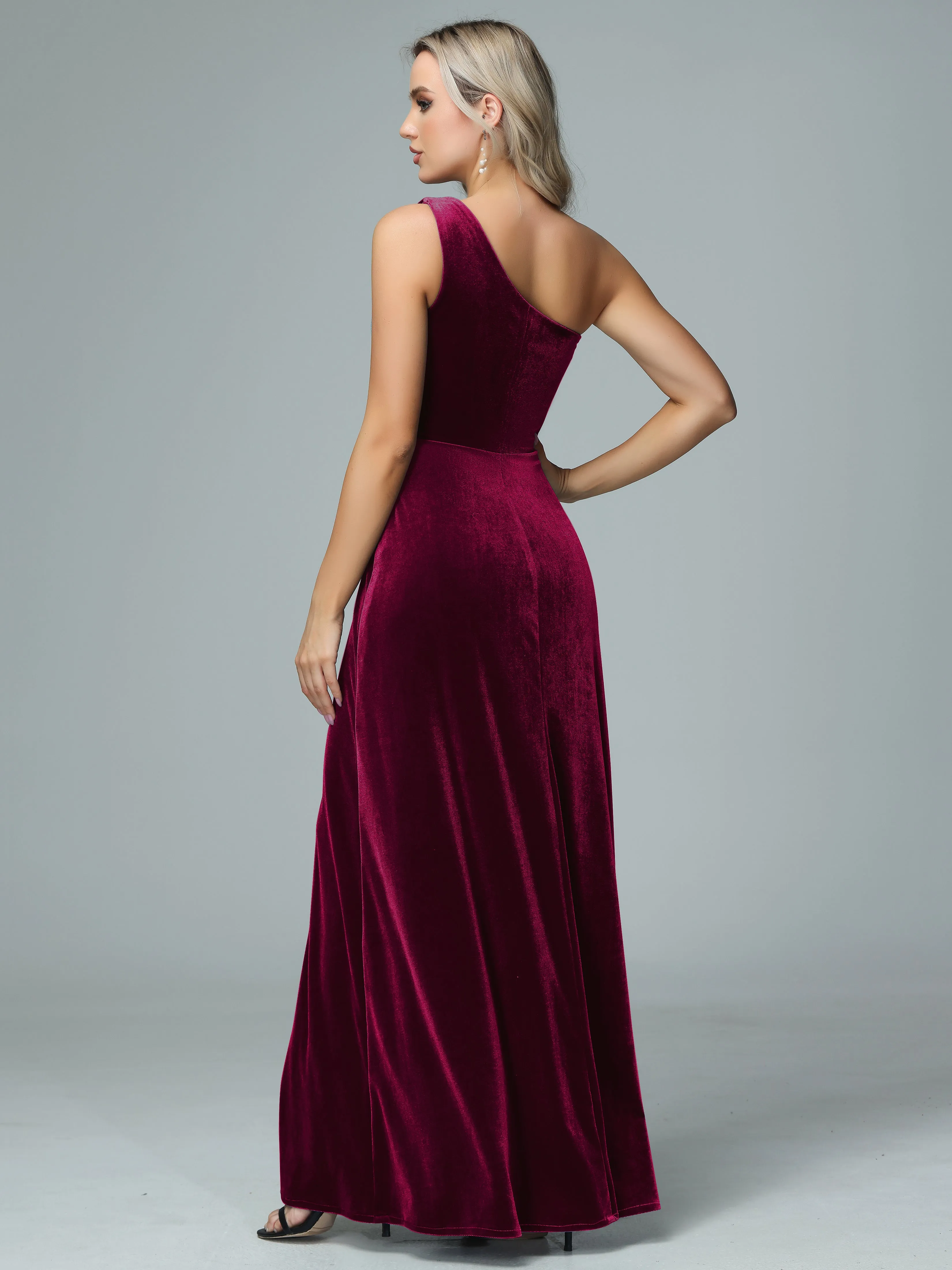 One Shoulder Velvet Bridesmaid Dresses with Slit