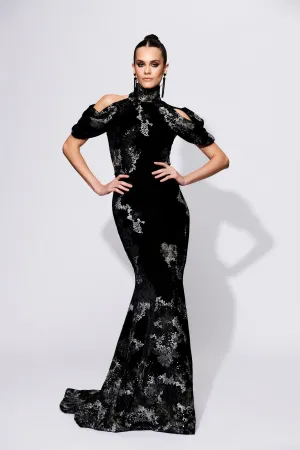 Open Shoulder Embellished Velvet Gown