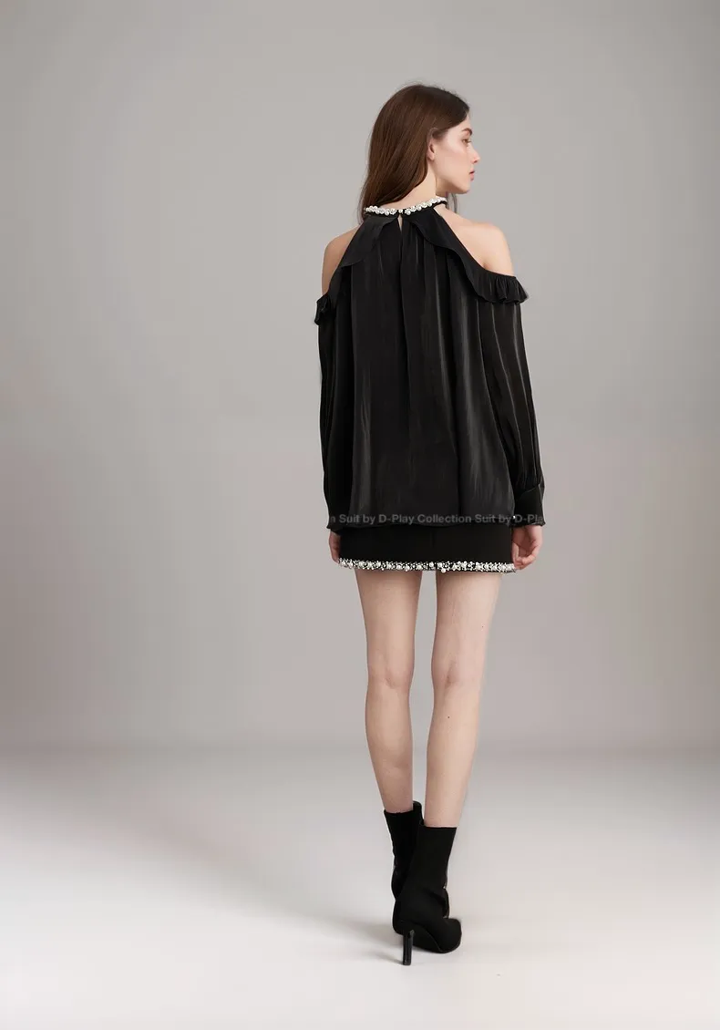 Pearl-Trimmed Cold Shoulder Mini Velvet Dress with Ruffle Details
