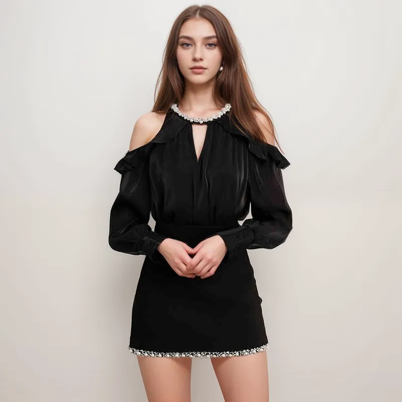 Pearl-Trimmed Cold Shoulder Mini Velvet Dress with Ruffle Details