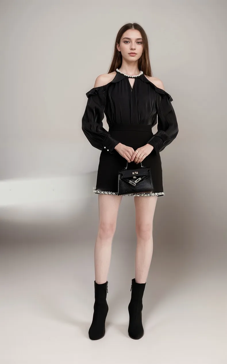 Pearl-Trimmed Cold Shoulder Mini Velvet Dress with Ruffle Details