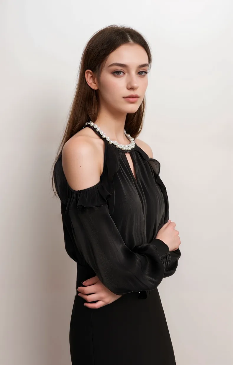 Pearl-Trimmed Cold Shoulder Mini Velvet Dress with Ruffle Details