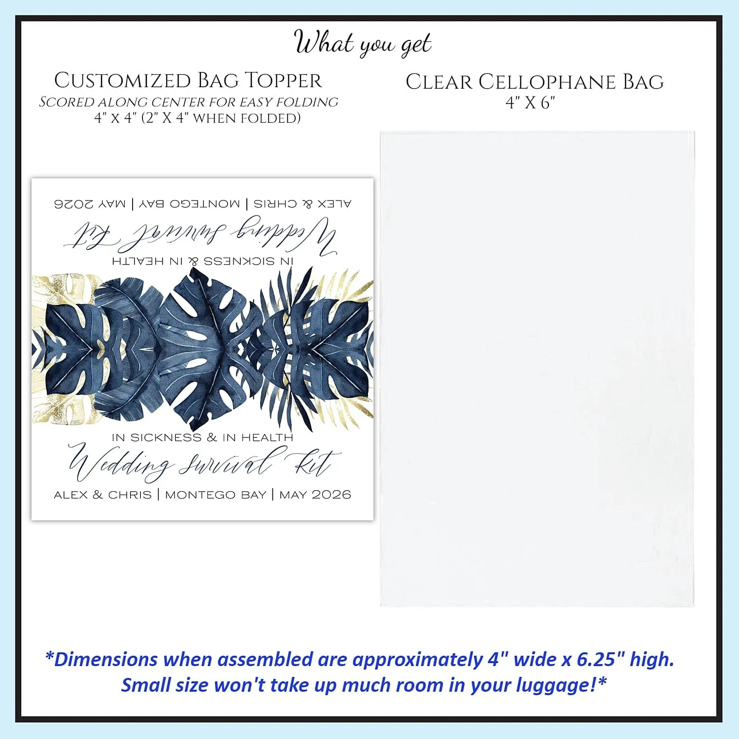 Personalized Wedding Hangover Recovery Kit Bag & Topper - Blue Palms