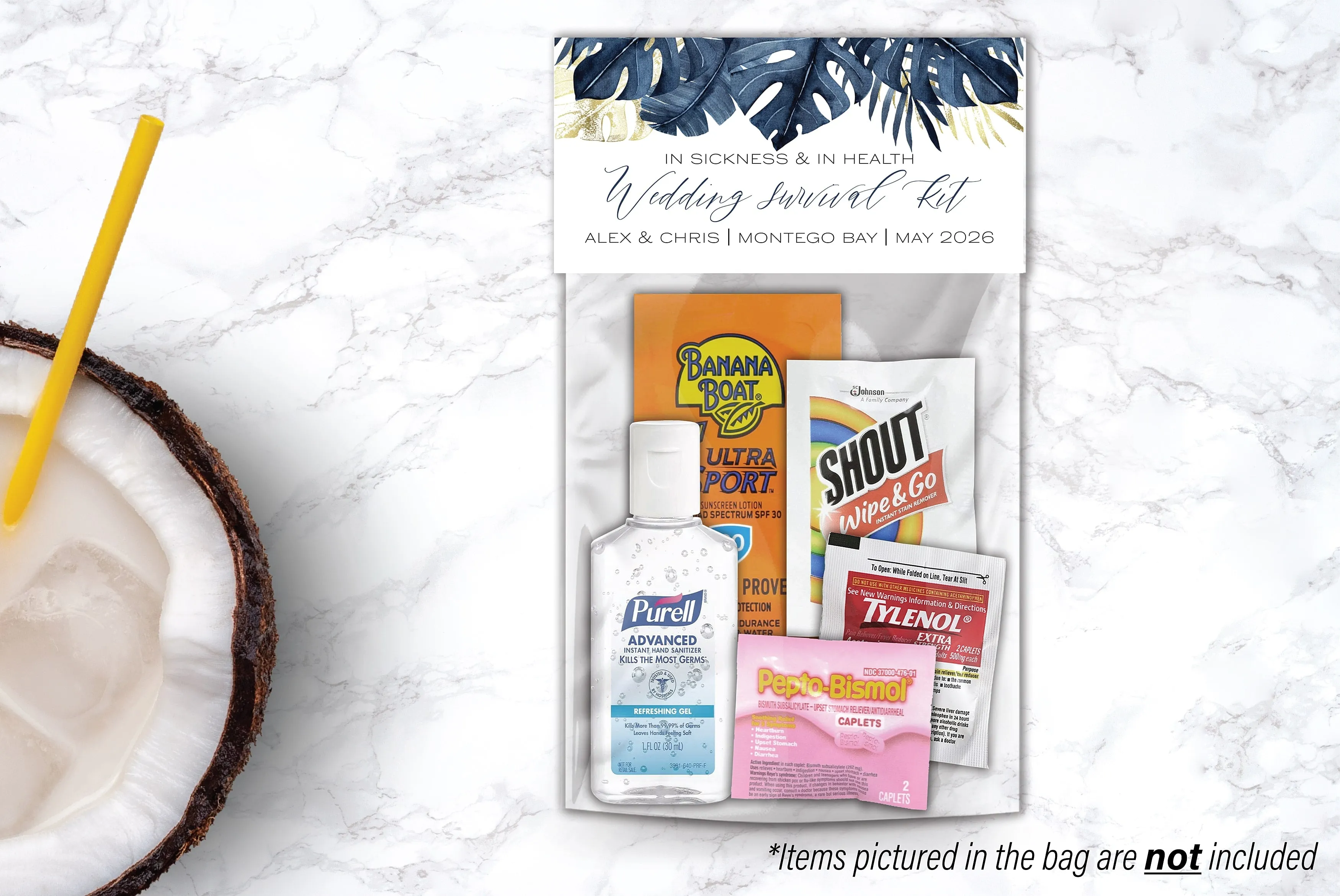 Personalized Wedding Hangover Recovery Kit Bag & Topper - Blue Palms