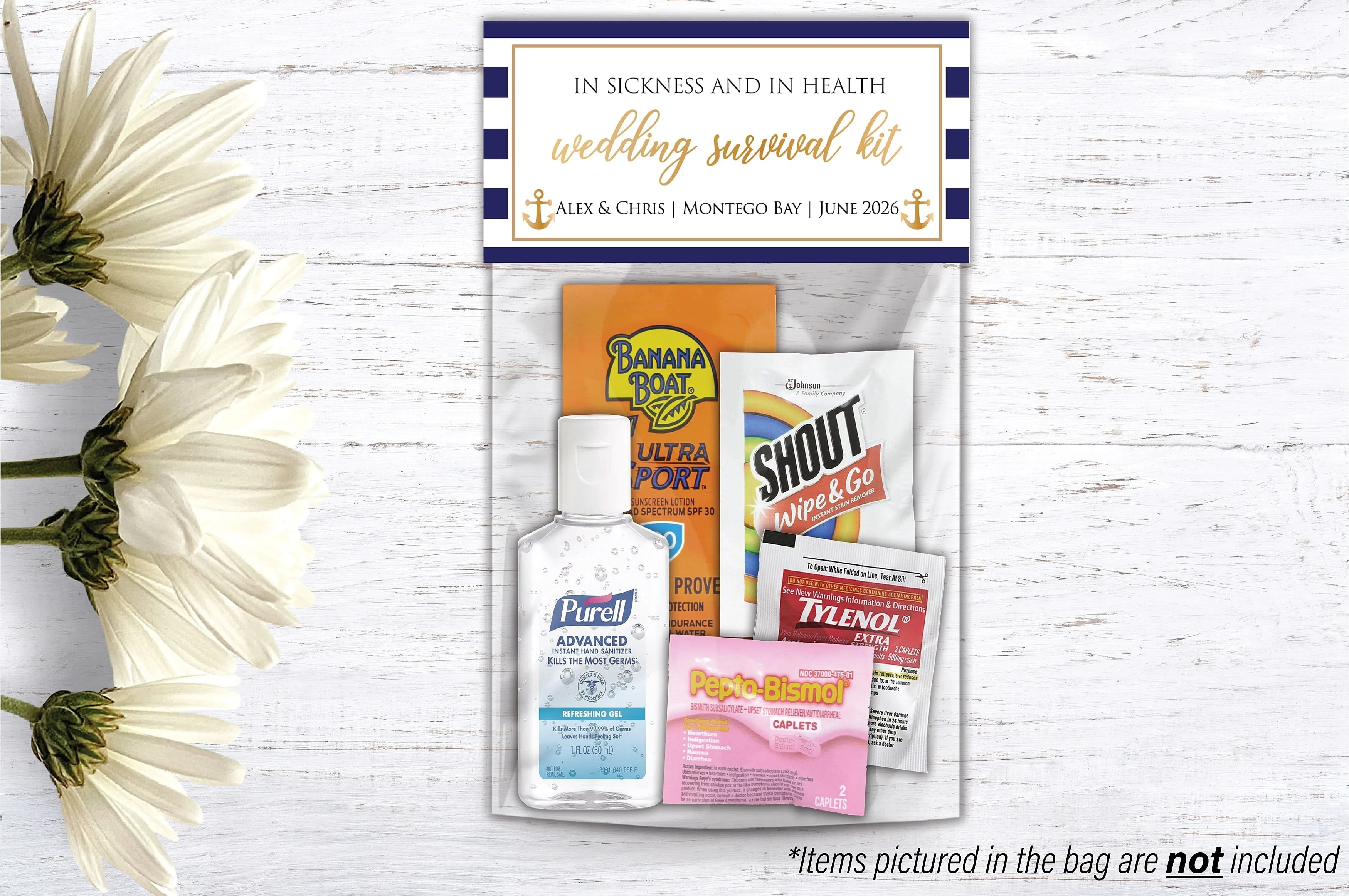 Personalized Wedding Hangover Recovery Kit Bag & Topper - Nautical Wedding