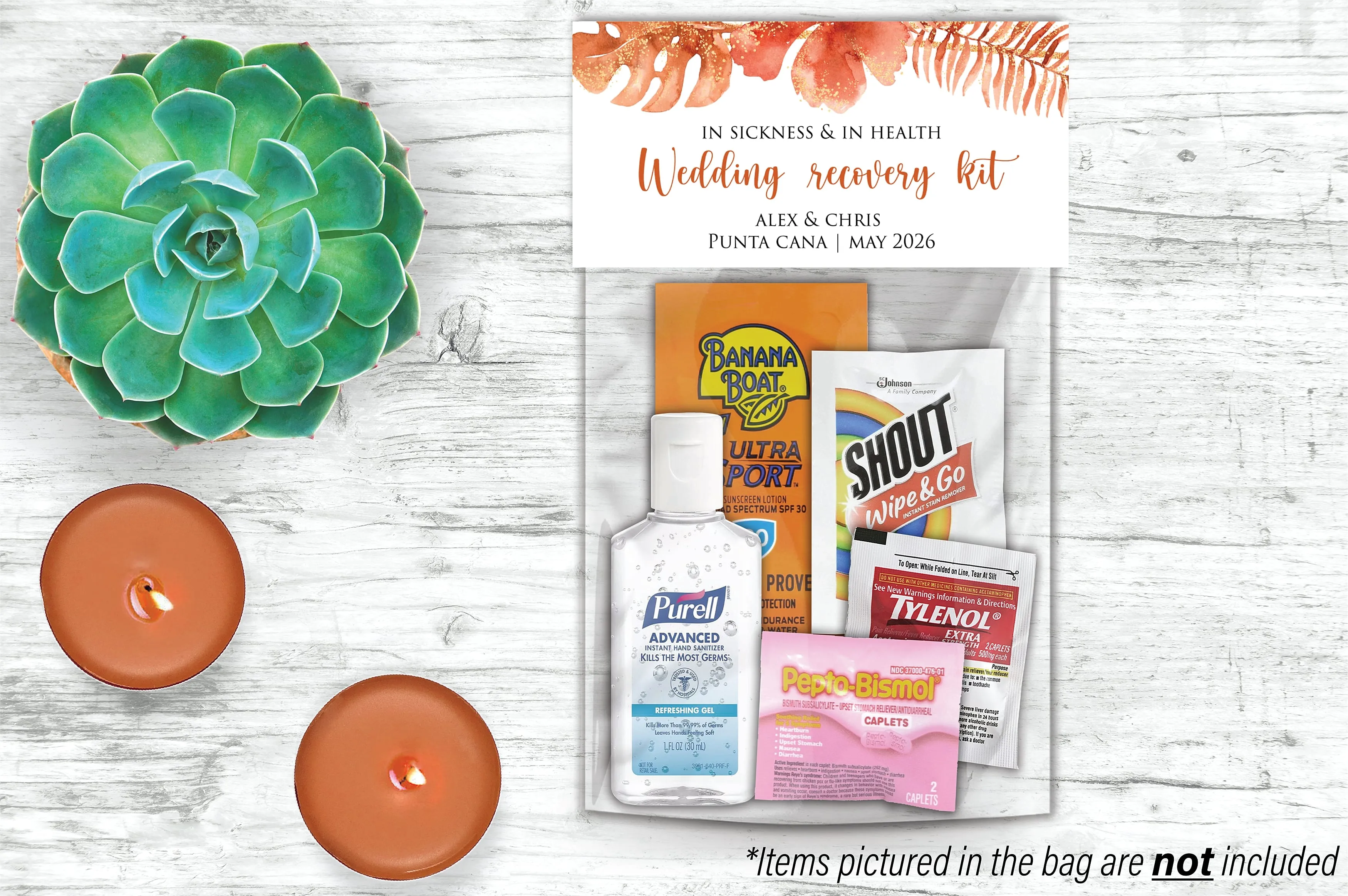 Personalized Wedding Hangover Recovery Kit Bag & Topper - Tropical Burnt Orange