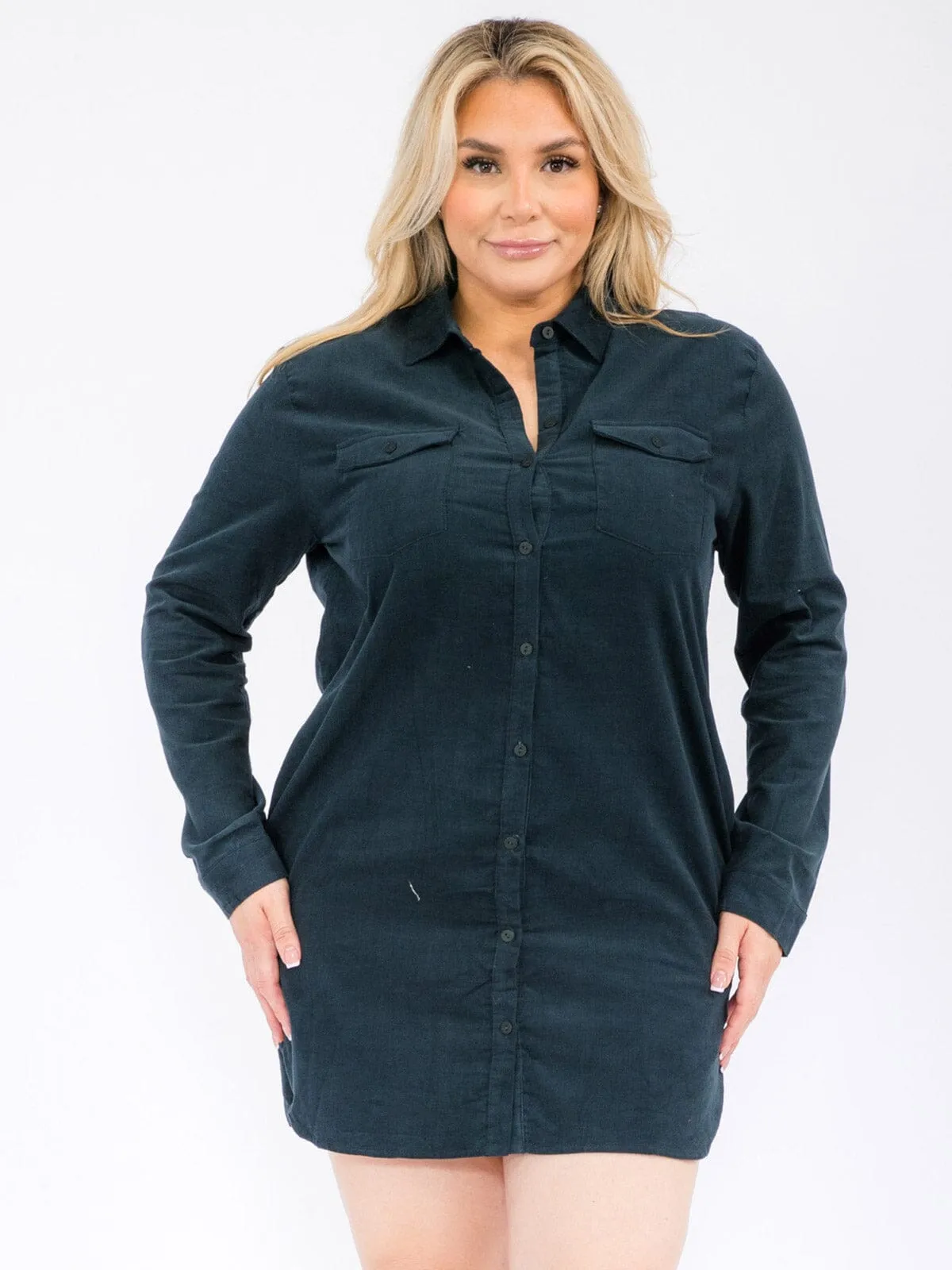 PLUS SIZE LONG SLEEVE BUTTON UP FRONT POCKETS MINI DRESS