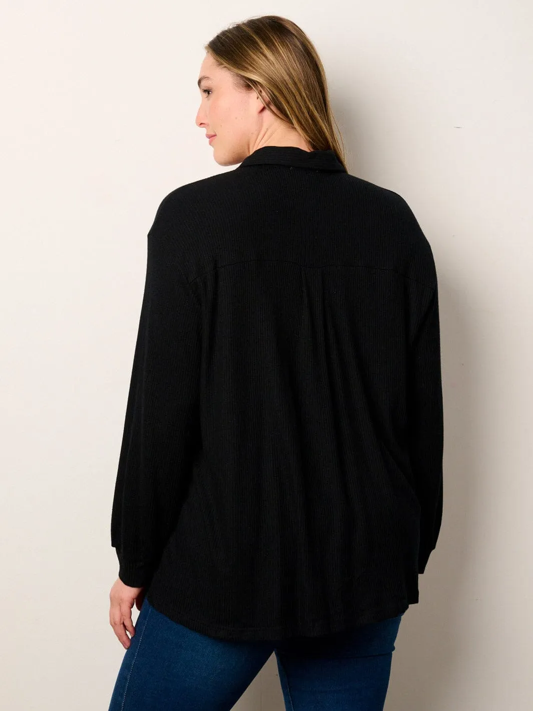 PLUS SIZE LONG SLEEVE BUTTON UP FRONT POCKETS RIBBED BLOUSE TOP