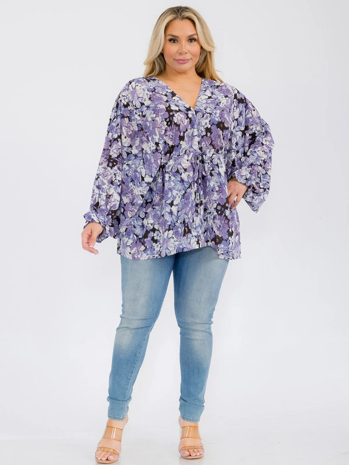 PLUS SIZE LONG SLEEVE V-NECK RUFFLE FLORAL BLOUSE TOP