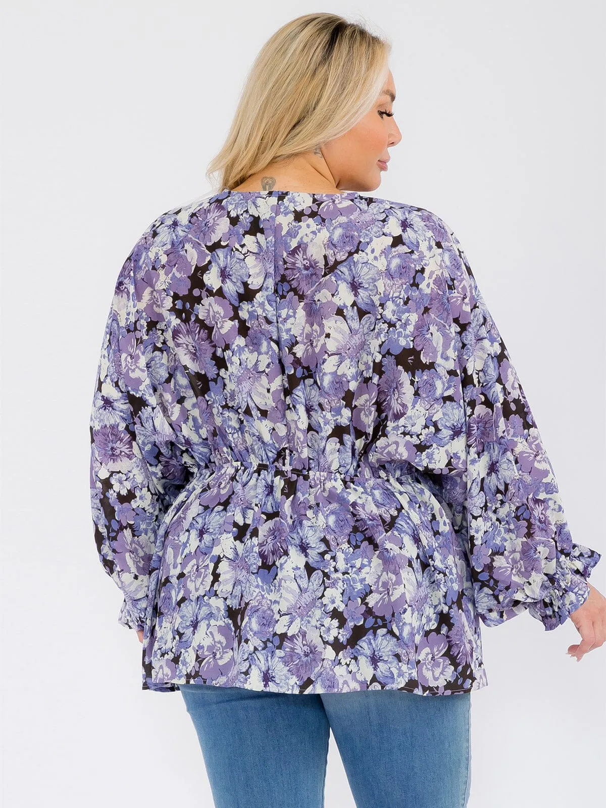 PLUS SIZE LONG SLEEVE V-NECK RUFFLE FLORAL BLOUSE TOP