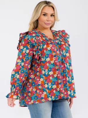 PLUS SIZE LONG SLEEVE V-NECK RUFFLE FLORAL BLOUSE TOP