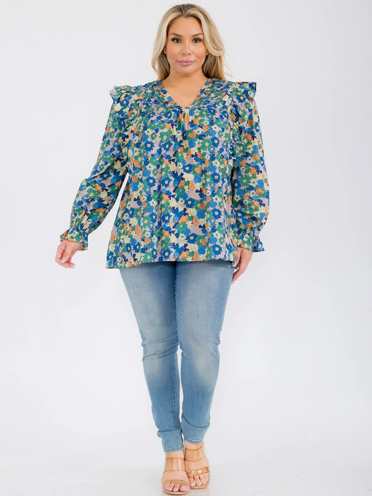 PLUS SIZE LONG SLEEVE V-NECK RUFFLE FLORAL BLOUSE TOP
