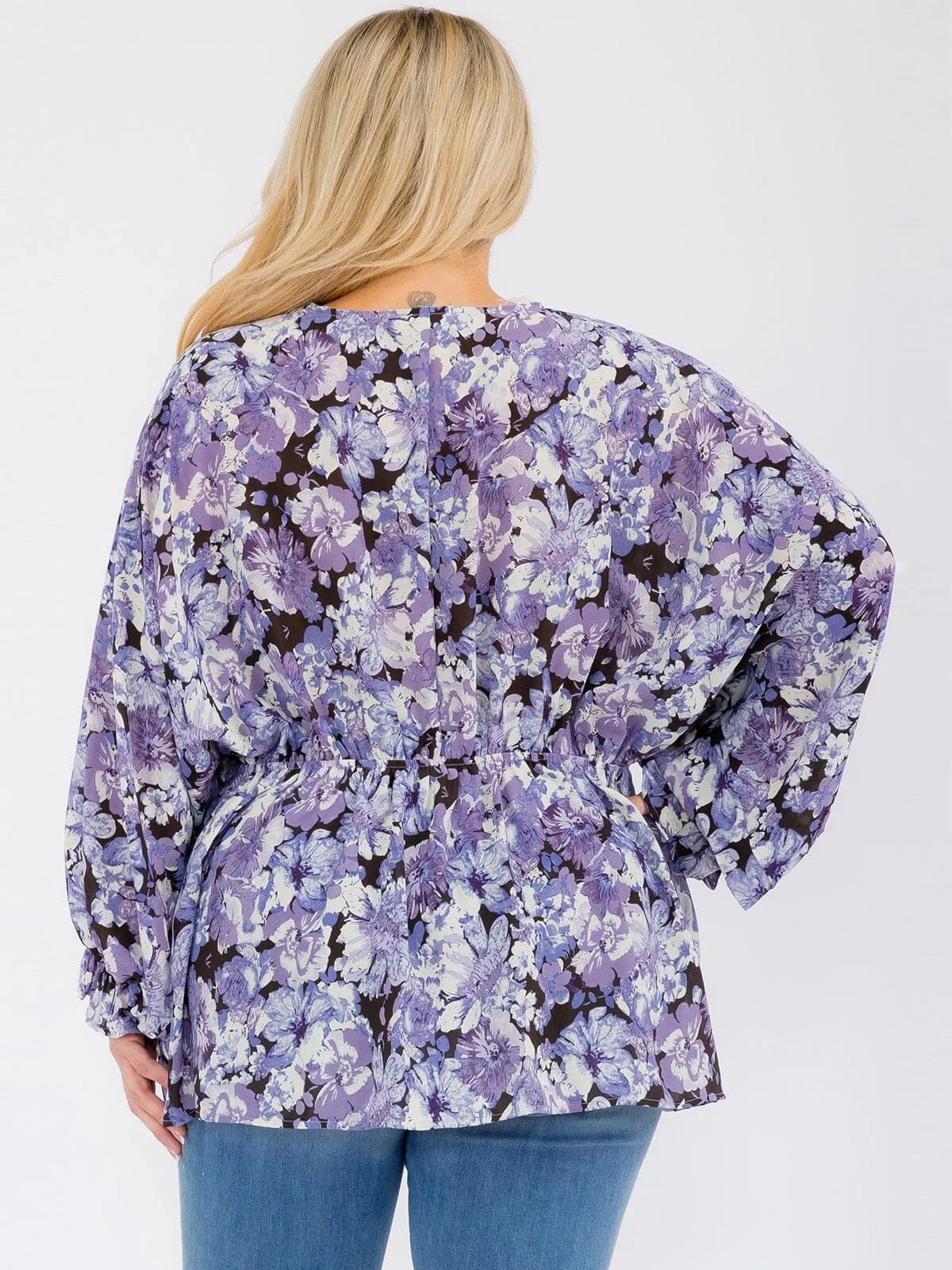 PLUS SIZE LONG SLEEVE V-NECK RUFFLE FLORAL BLOUSE TOP