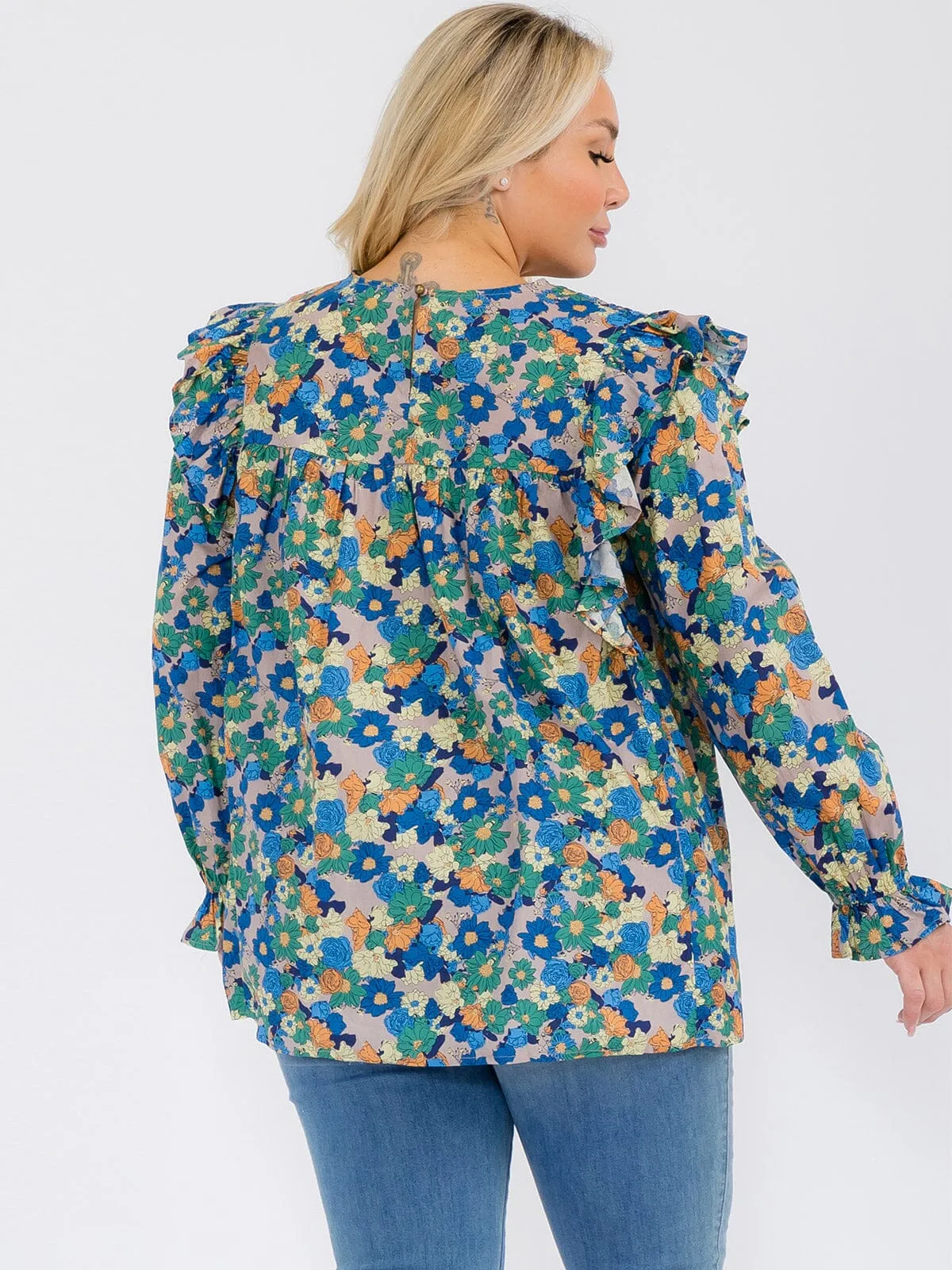 PLUS SIZE LONG SLEEVE V-NECK RUFFLE FLORAL BLOUSE TOP