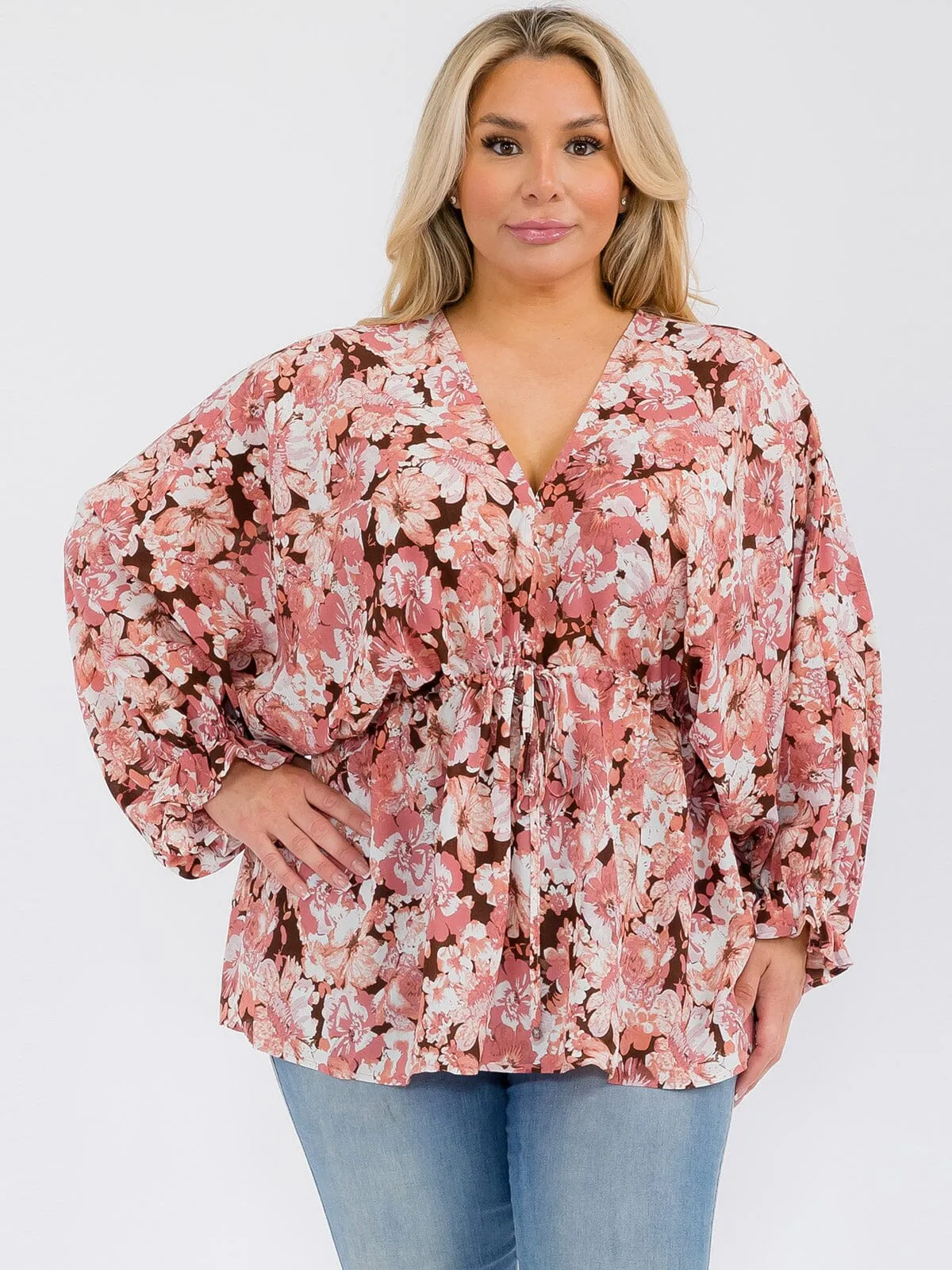 PLUS SIZE LONG SLEEVE V-NECK RUFFLE FLORAL BLOUSE TOP