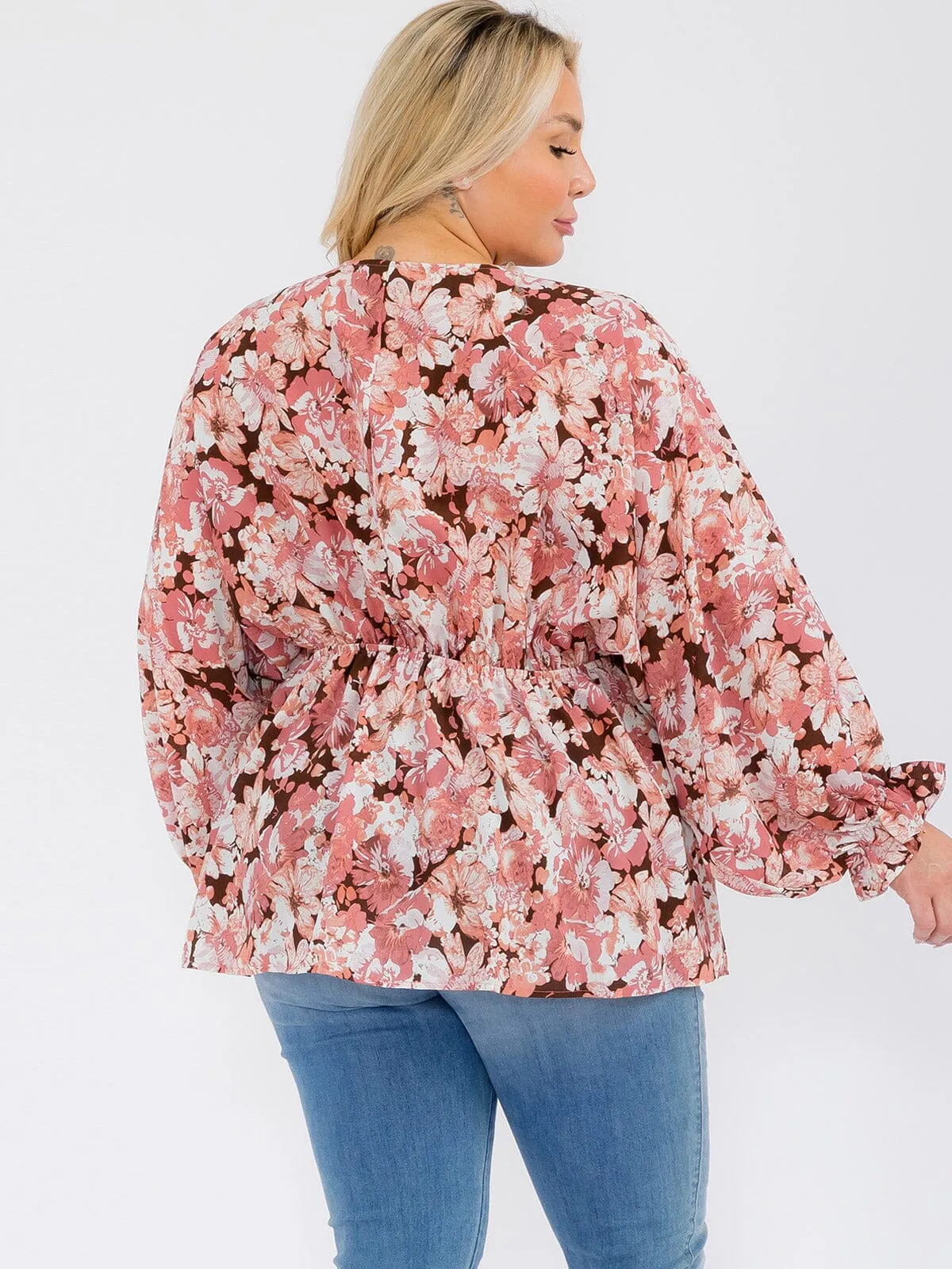 PLUS SIZE LONG SLEEVE V-NECK RUFFLE FLORAL BLOUSE TOP