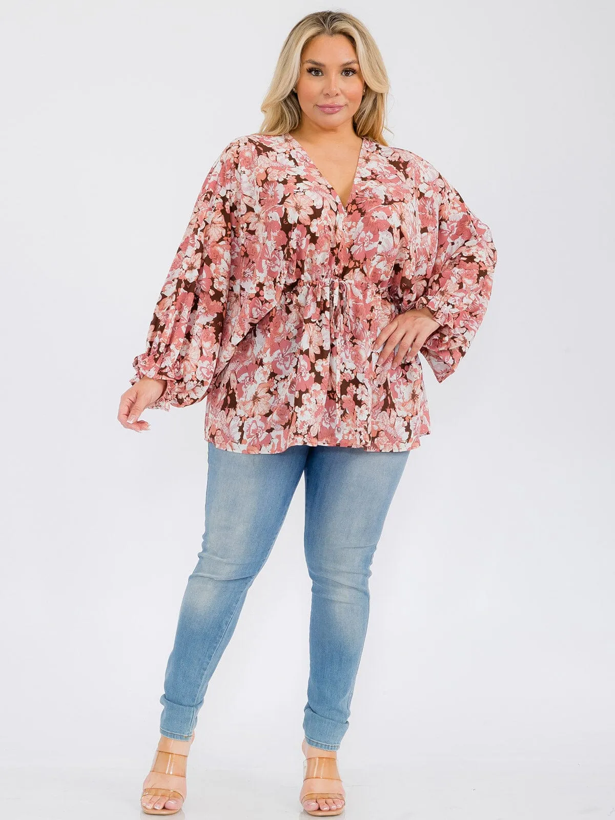 PLUS SIZE LONG SLEEVE V-NECK RUFFLE FLORAL BLOUSE TOP