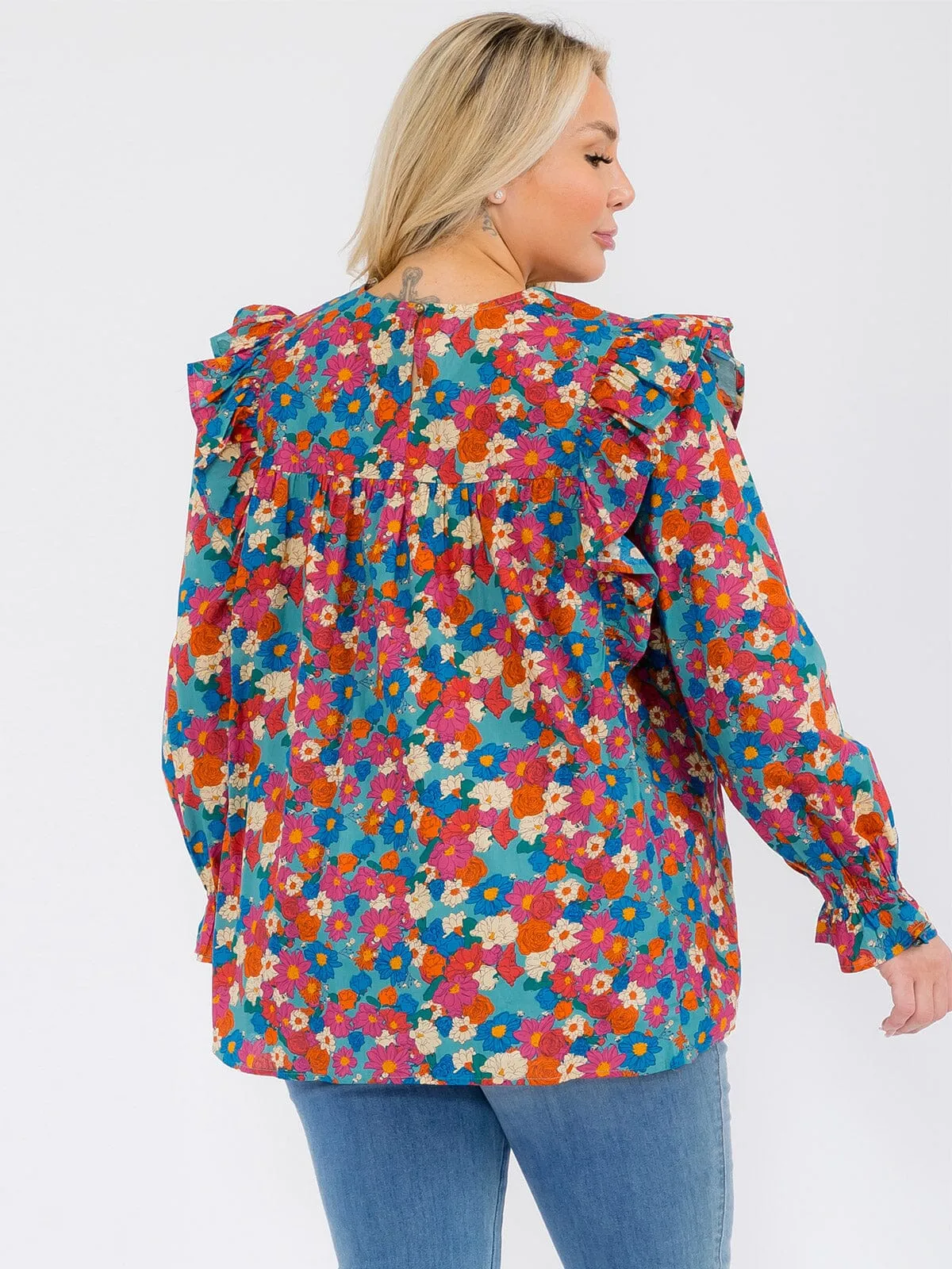 PLUS SIZE LONG SLEEVE V-NECK RUFFLE FLORAL BLOUSE TOP