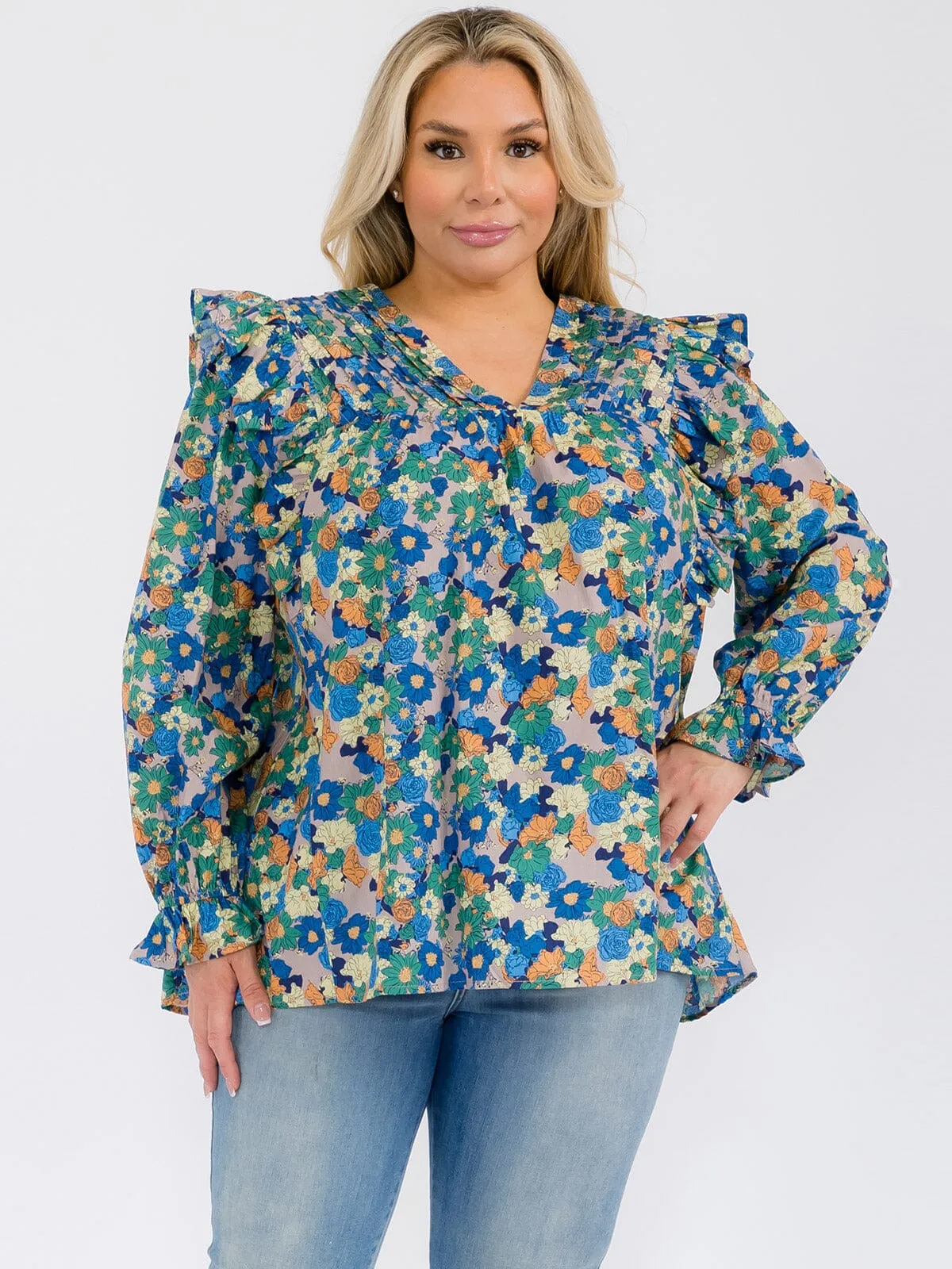 PLUS SIZE LONG SLEEVE V-NECK RUFFLE FLORAL BLOUSE TOP