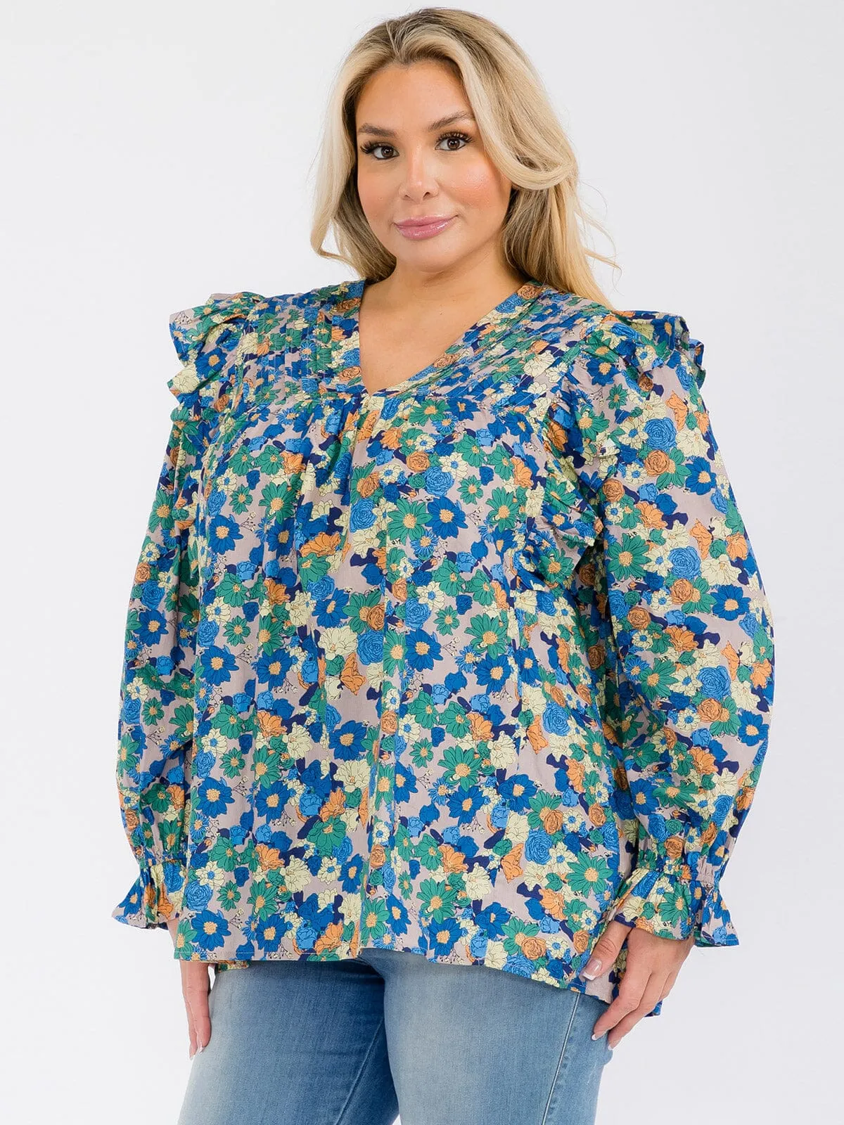 PLUS SIZE LONG SLEEVE V-NECK RUFFLE FLORAL BLOUSE TOP