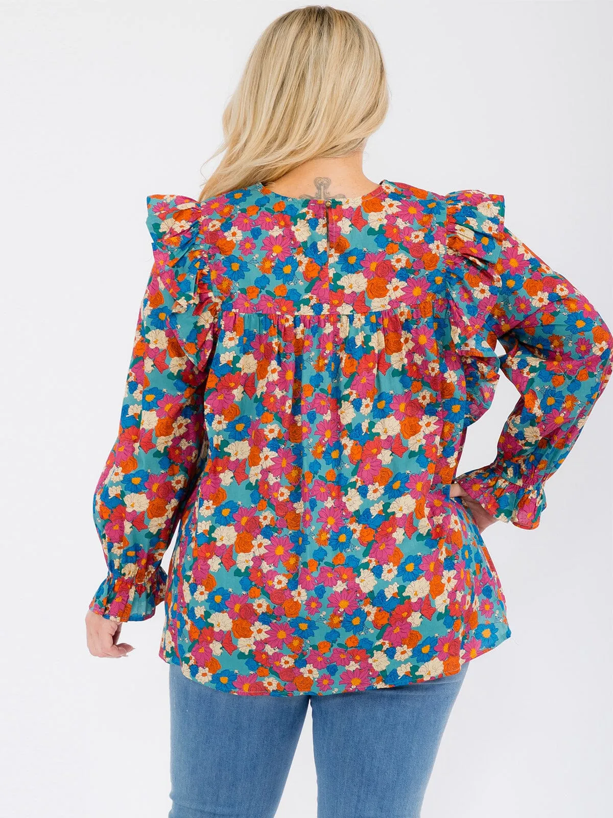 PLUS SIZE LONG SLEEVE V-NECK RUFFLE FLORAL BLOUSE TOP