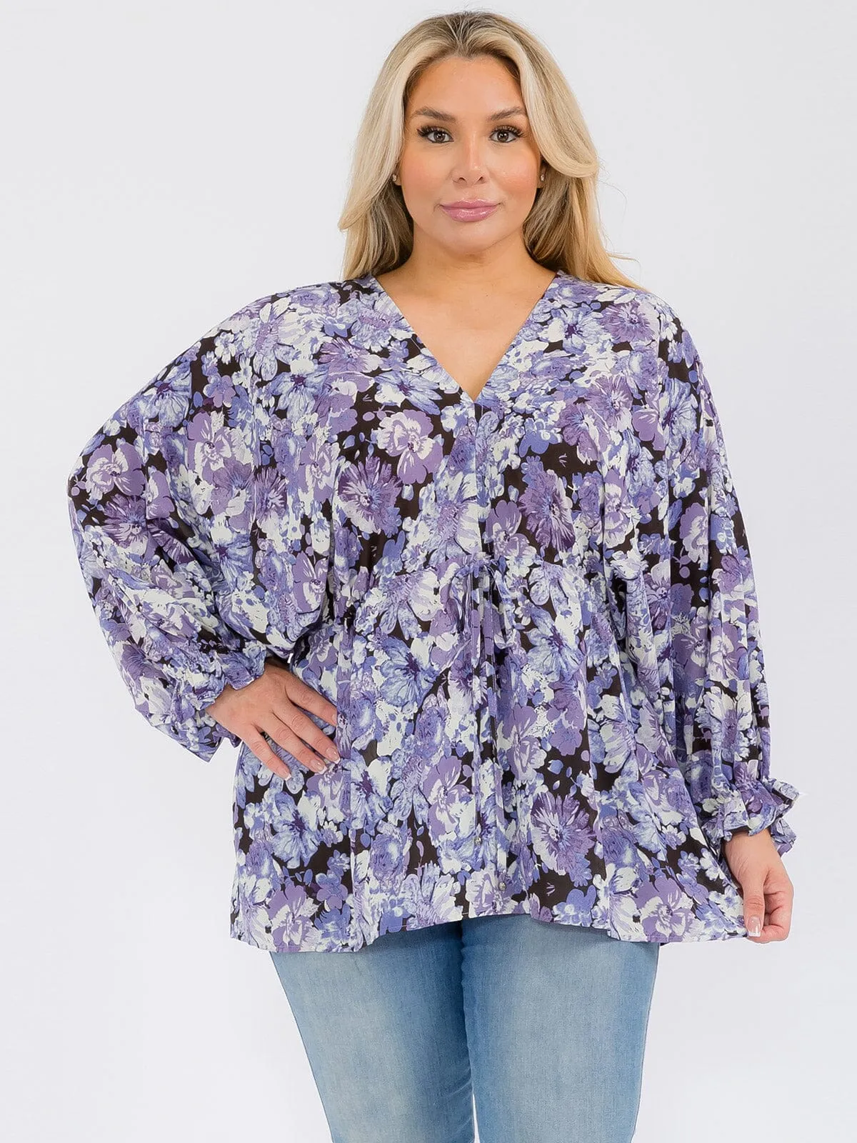 PLUS SIZE LONG SLEEVE V-NECK RUFFLE FLORAL BLOUSE TOP