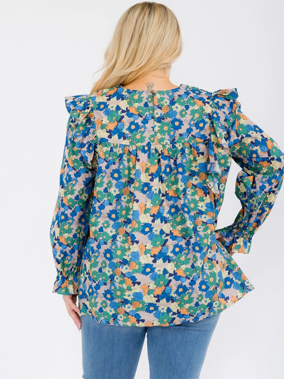 PLUS SIZE LONG SLEEVE V-NECK RUFFLE FLORAL BLOUSE TOP