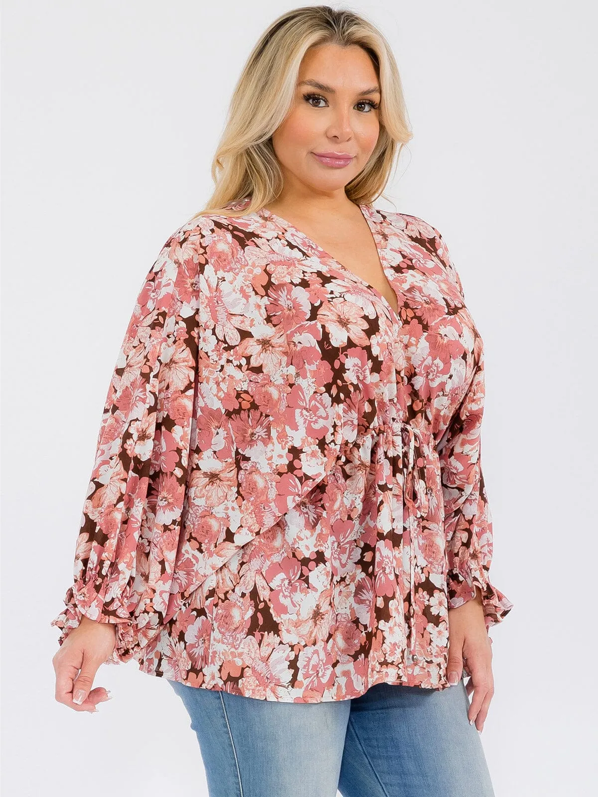 PLUS SIZE LONG SLEEVE V-NECK RUFFLE FLORAL BLOUSE TOP