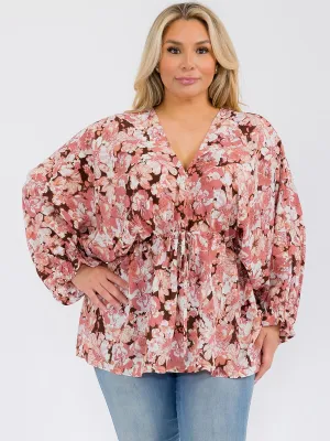 PLUS SIZE LONG SLEEVE V-NECK RUFFLE FLORAL BLOUSE TOP