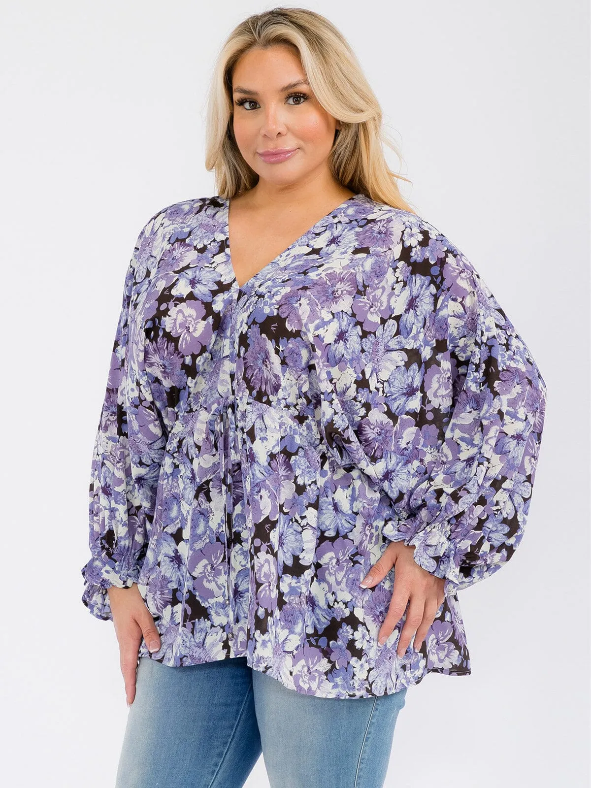 PLUS SIZE LONG SLEEVE V-NECK RUFFLE FLORAL BLOUSE TOP