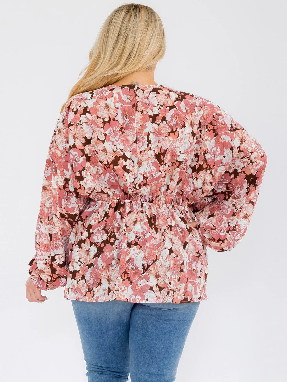 PLUS SIZE LONG SLEEVE V-NECK RUFFLE FLORAL BLOUSE TOP