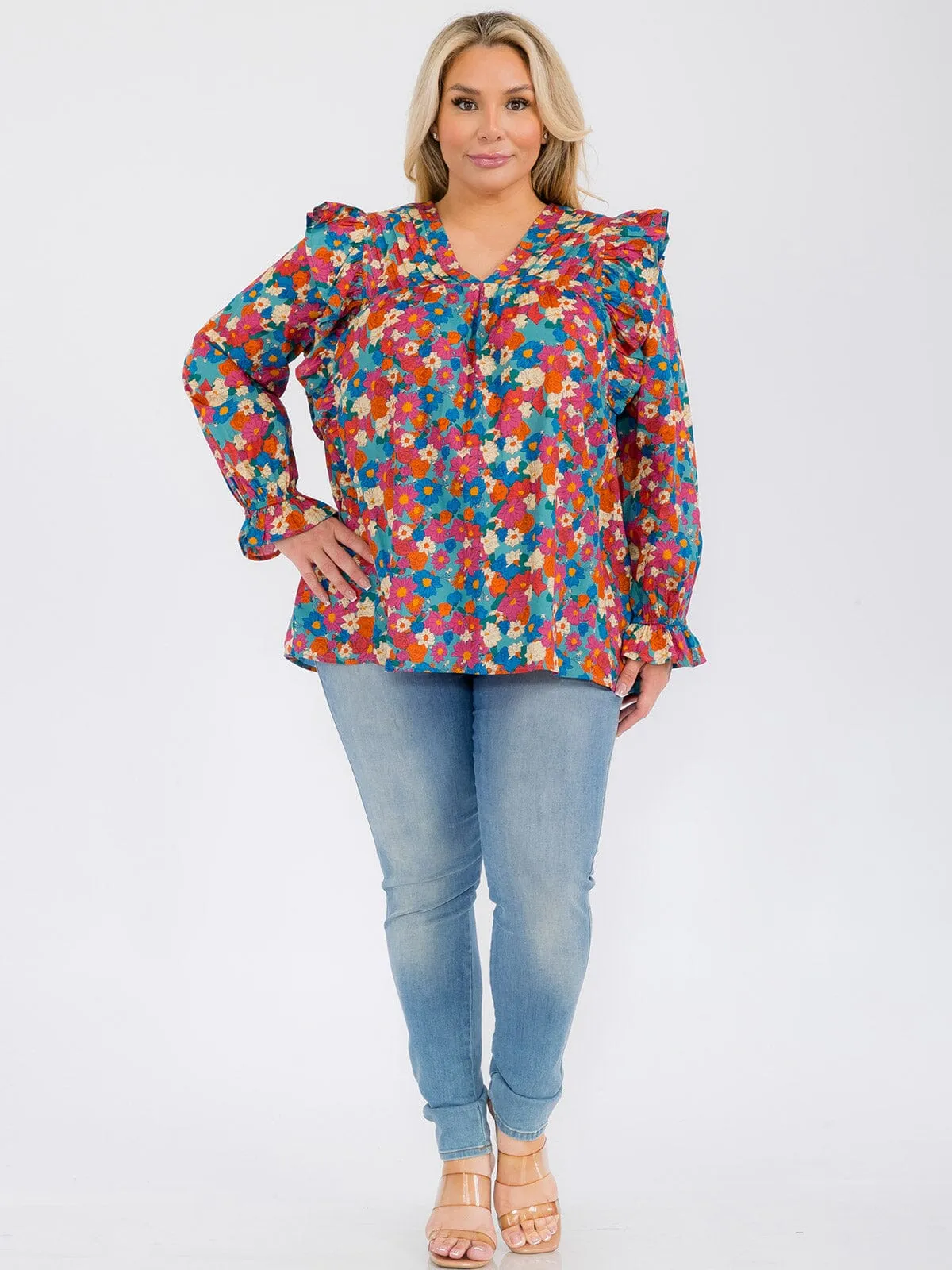 PLUS SIZE LONG SLEEVE V-NECK RUFFLE FLORAL BLOUSE TOP