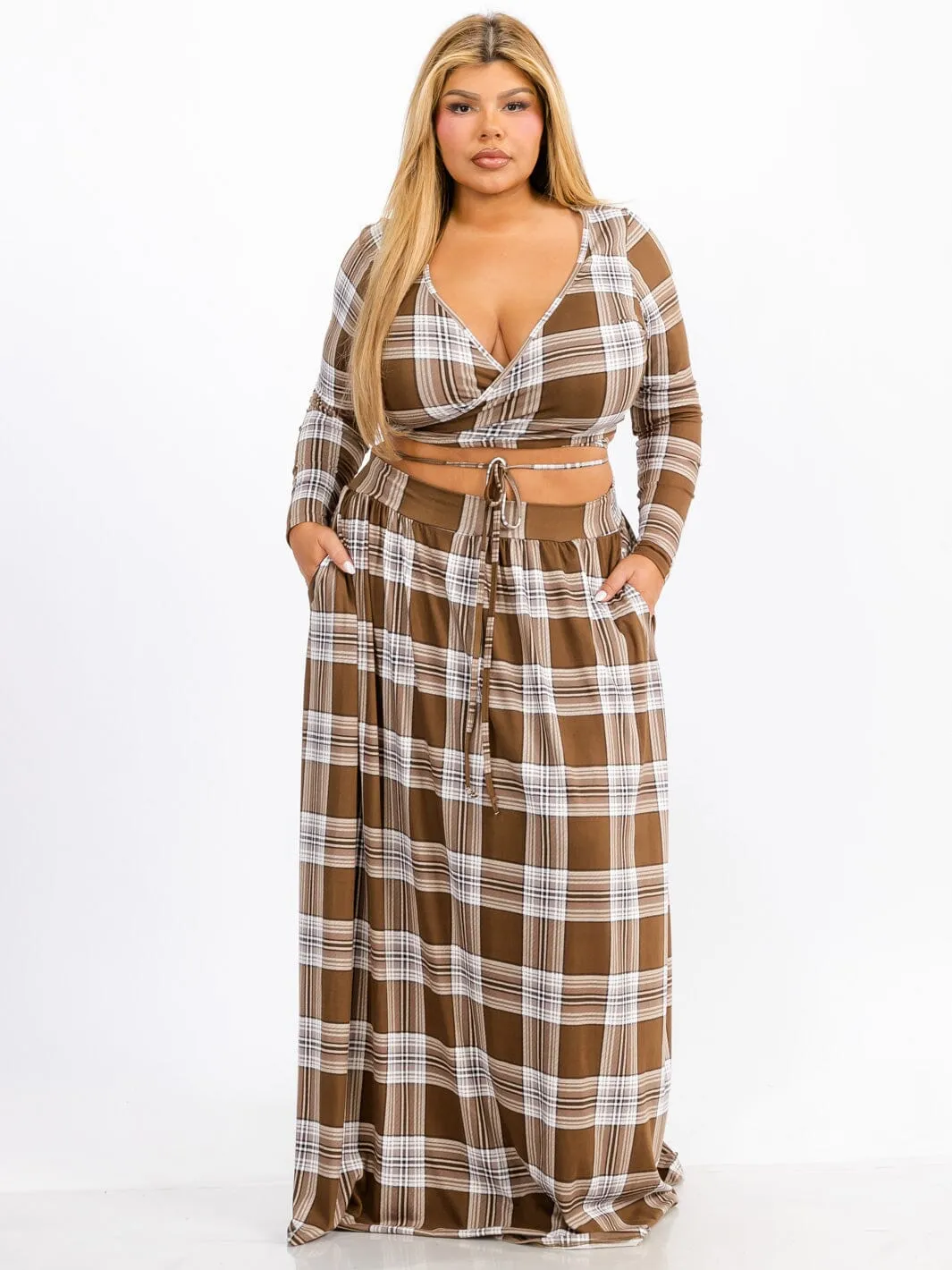 PLUS SIZE LONG SLEEVE WRAP TOP & MAXI SKIRT PLAID 2PC. SET
