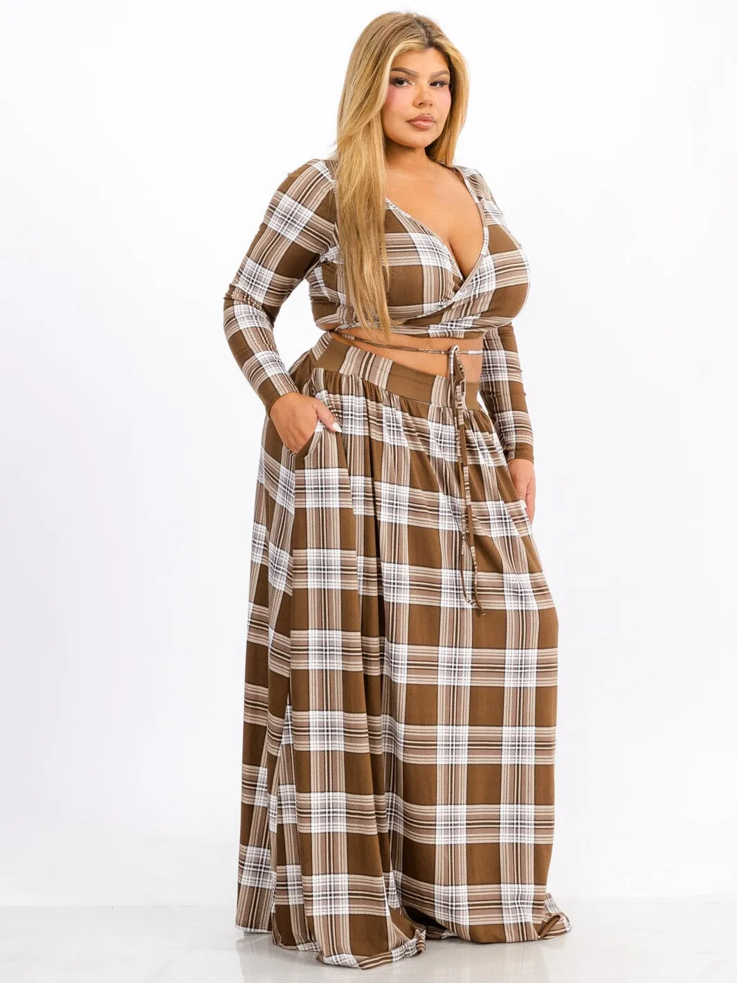 PLUS SIZE LONG SLEEVE WRAP TOP & MAXI SKIRT PLAID 2PC. SET