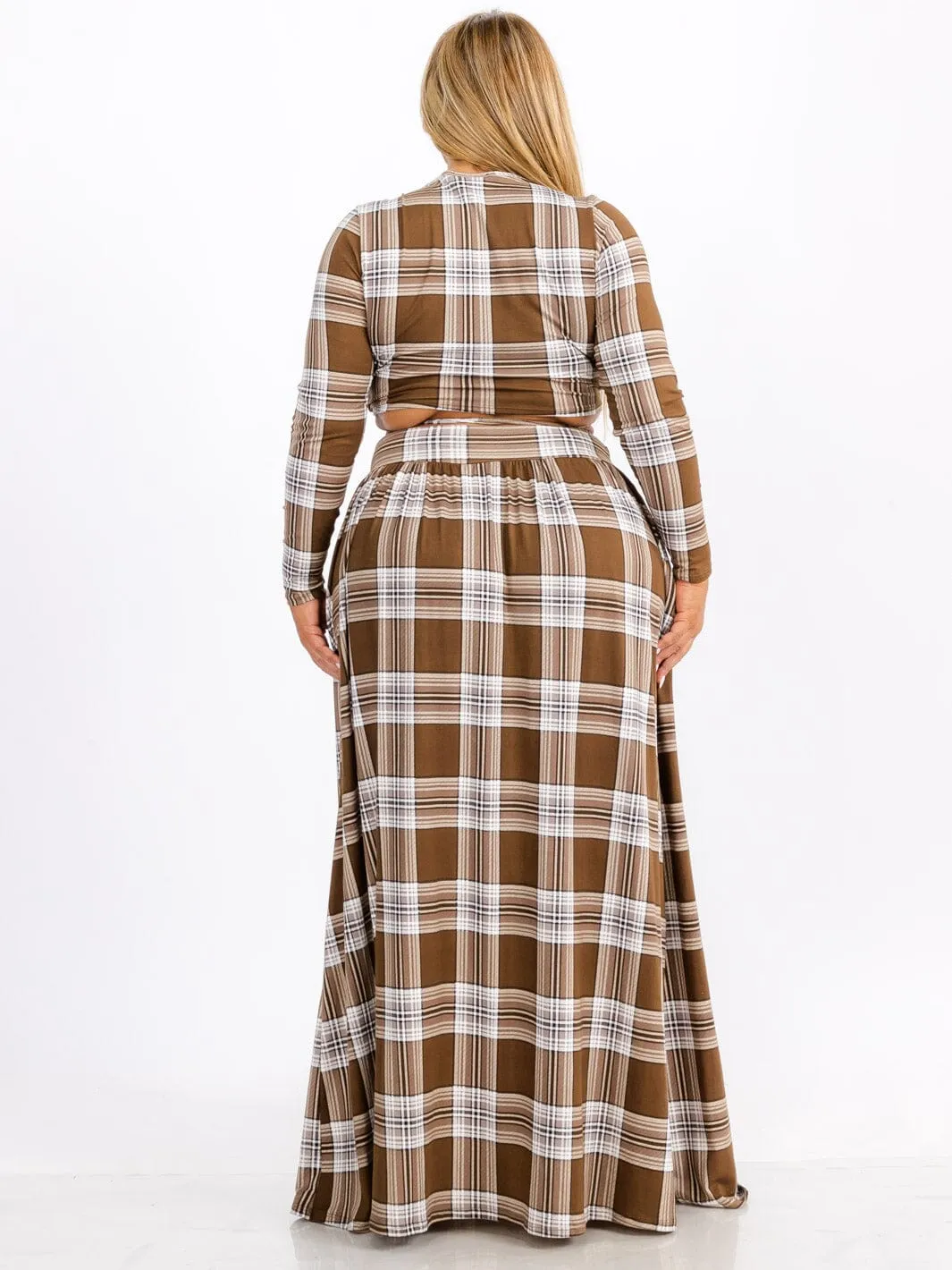 PLUS SIZE LONG SLEEVE WRAP TOP & MAXI SKIRT PLAID 2PC. SET