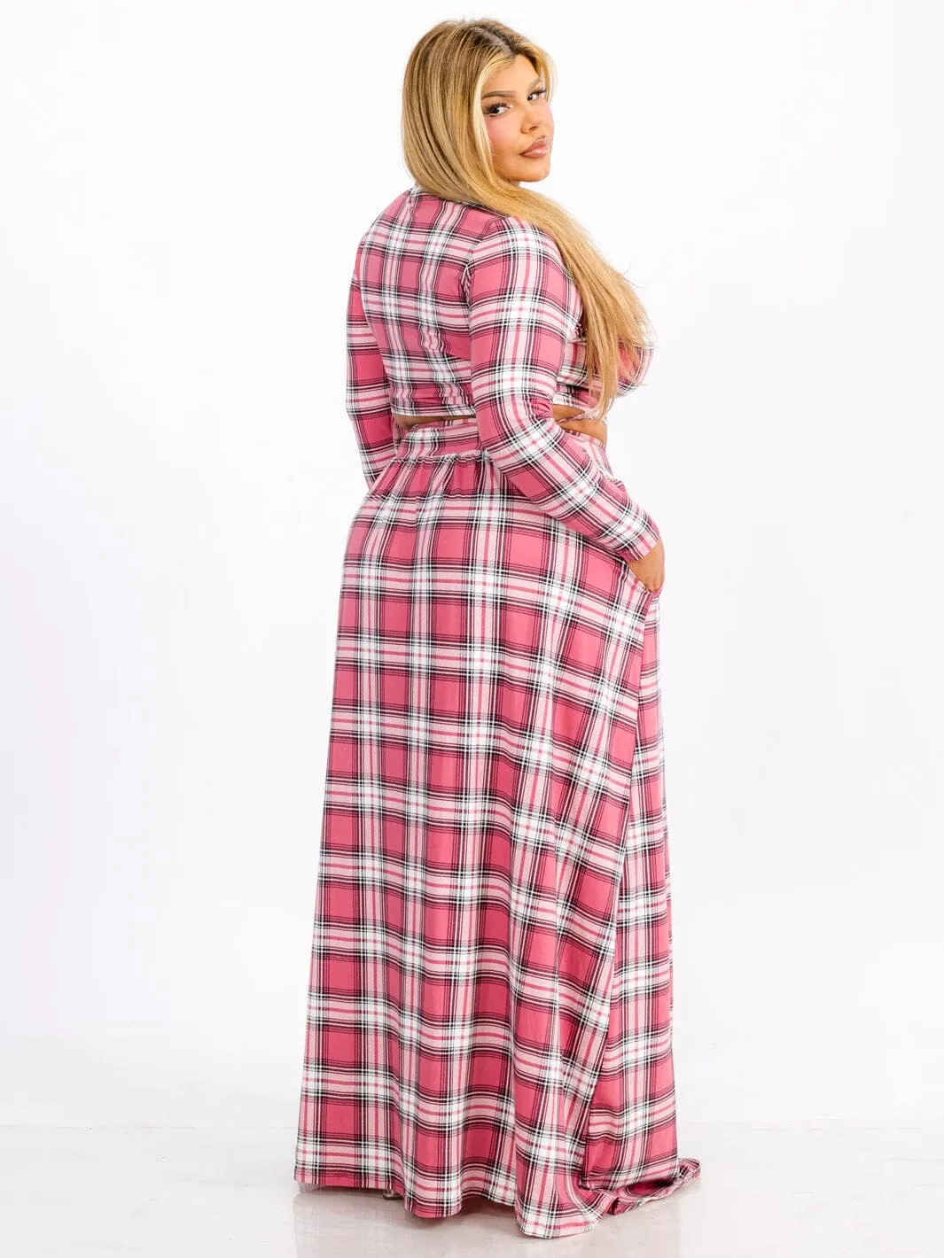 PLUS SIZE LONG SLEEVE WRAP TOP & MAXI SKIRT PLAID 2PC. SET