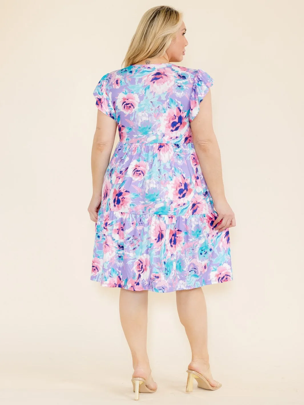 PLUS SIZE RUFFLE SLEEVE FLORAL PRINT TUNIC HIGH-LOW FRONT POCKETS MINI DRESS