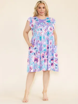PLUS SIZE RUFFLE SLEEVE FLORAL PRINT TUNIC HIGH-LOW FRONT POCKETS MINI DRESS