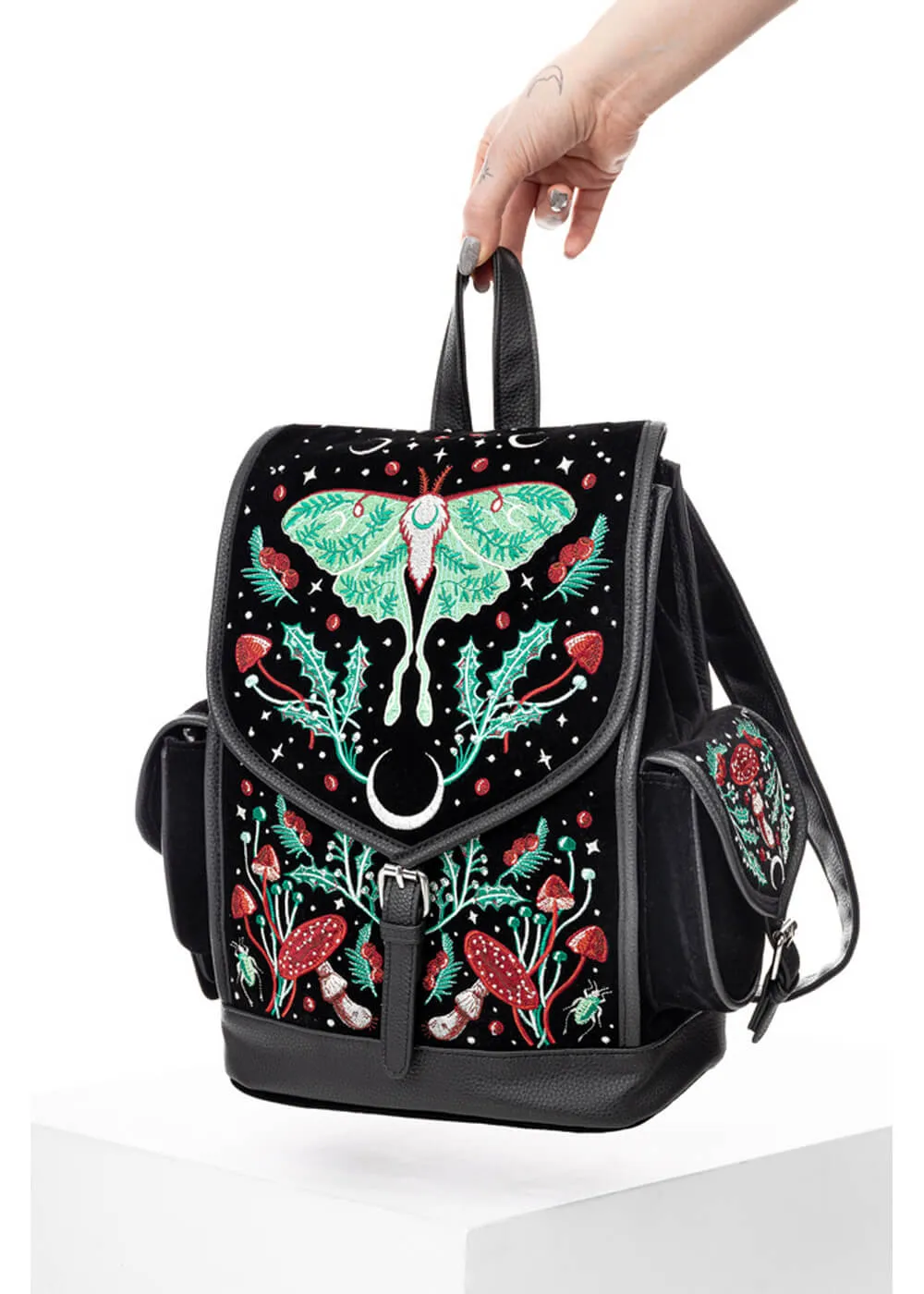 Restyle Autumnal Equinox Moth Mushroom Embroidery Backpack Black