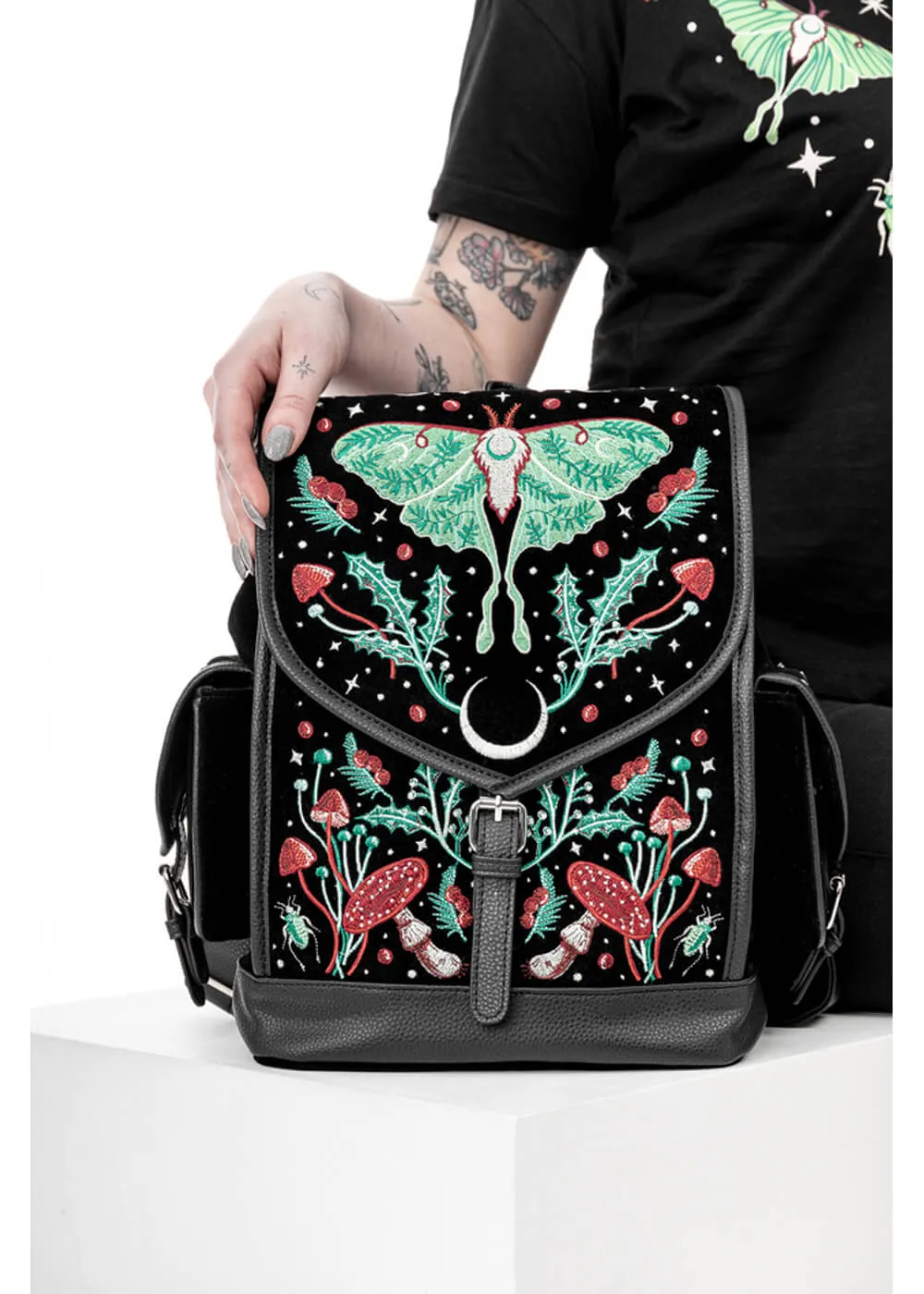 Restyle Autumnal Equinox Moth Mushroom Embroidery Backpack Black