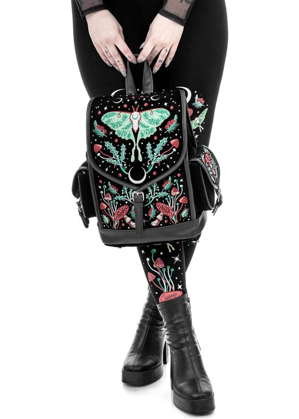 Restyle Autumnal Equinox Moth Mushroom Embroidery Backpack Black
