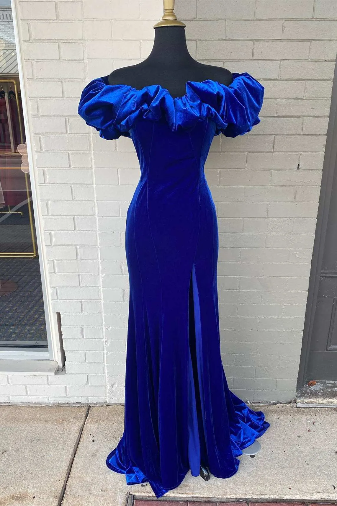 Royal Blue Long Formal Dress Winter Velvet Ruffle Off Shoulder with Slit