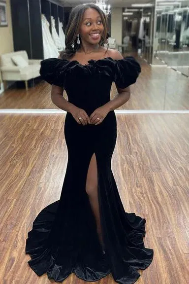 Royal Blue Long Formal Dress Winter Velvet Ruffle Off Shoulder with Slit
