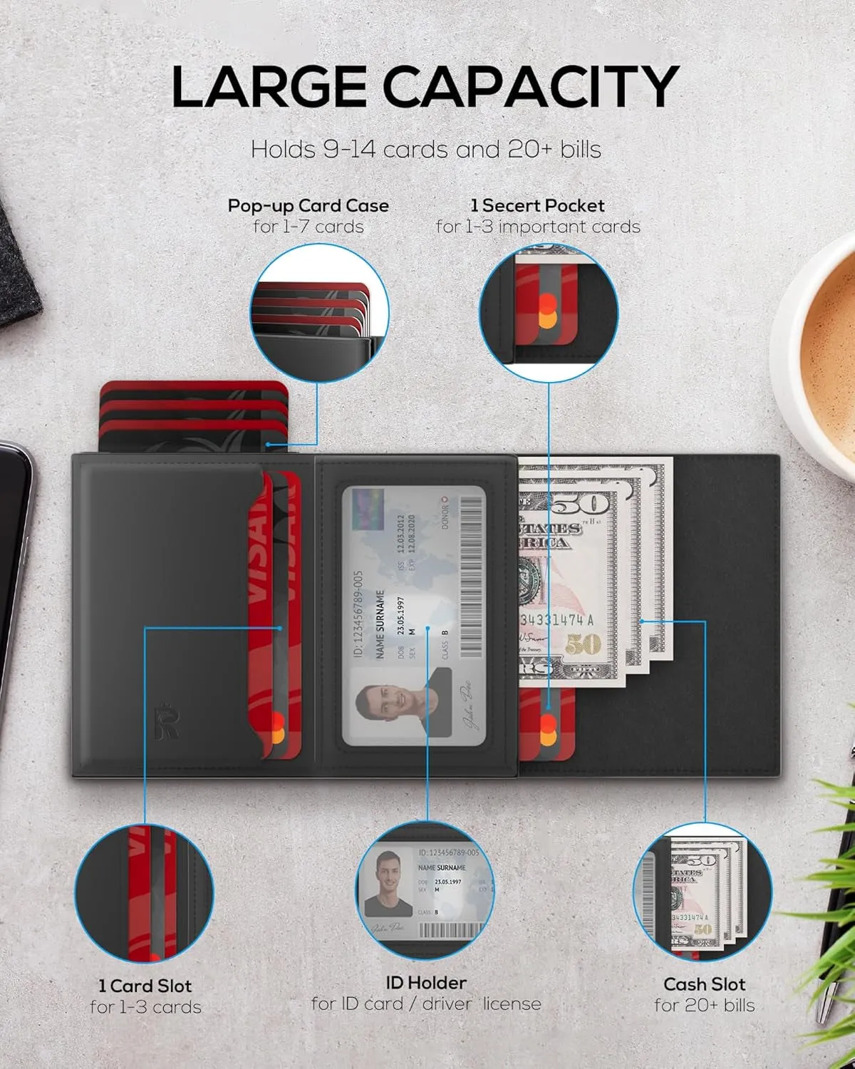 ROYAL KIT Pop Up Wallet for Men, Minimalist Smart Card Holder-Black